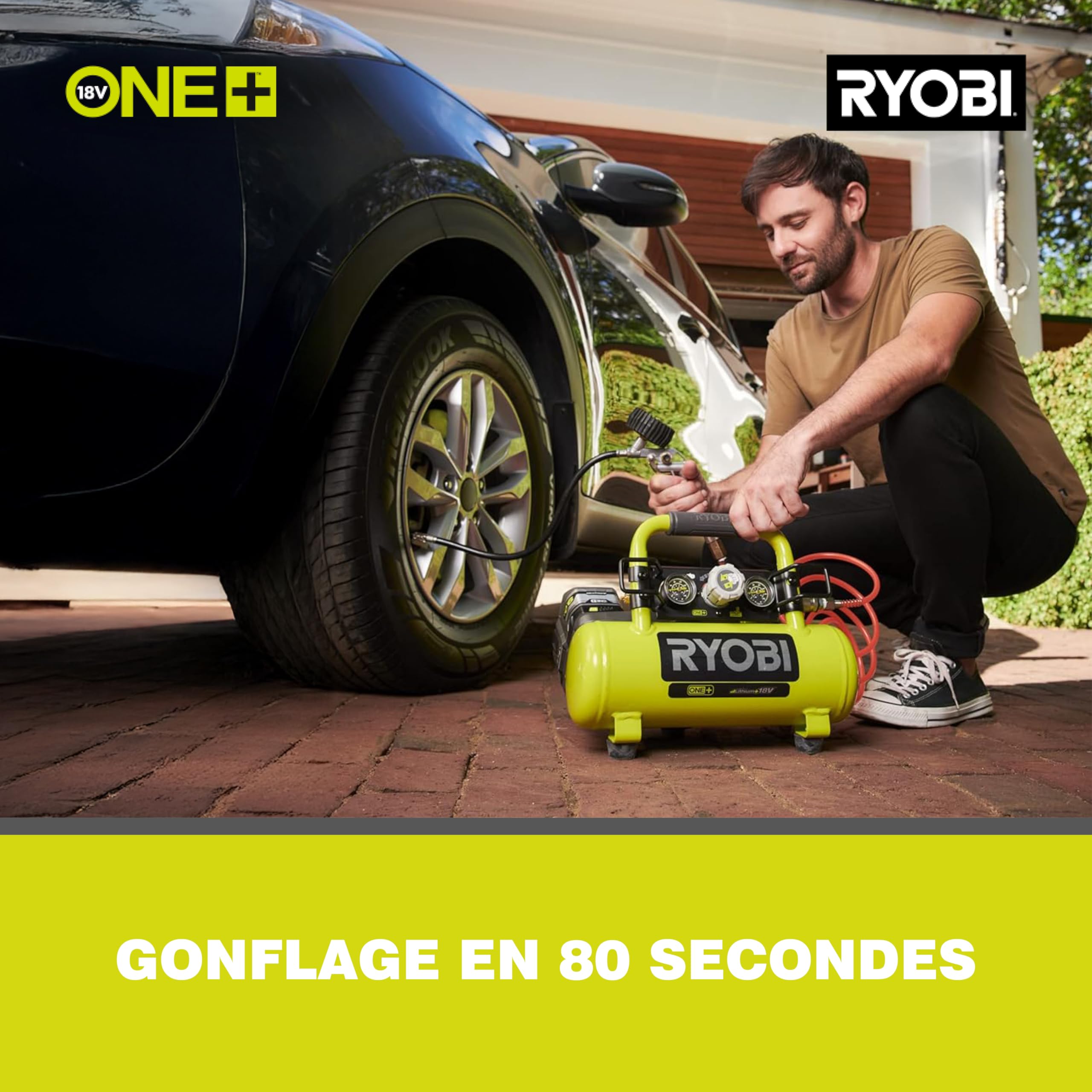 RYOBI - Compresseur d’Air Sans Fil 18V ONE+ R18AC-0 – Pression Max 8,3 Bars, Compact, Léger et Puissant, Idéal Gonflage Pneus, Outils Pneumatiques et Travaux de Bricolage – Batterie Non Incluse