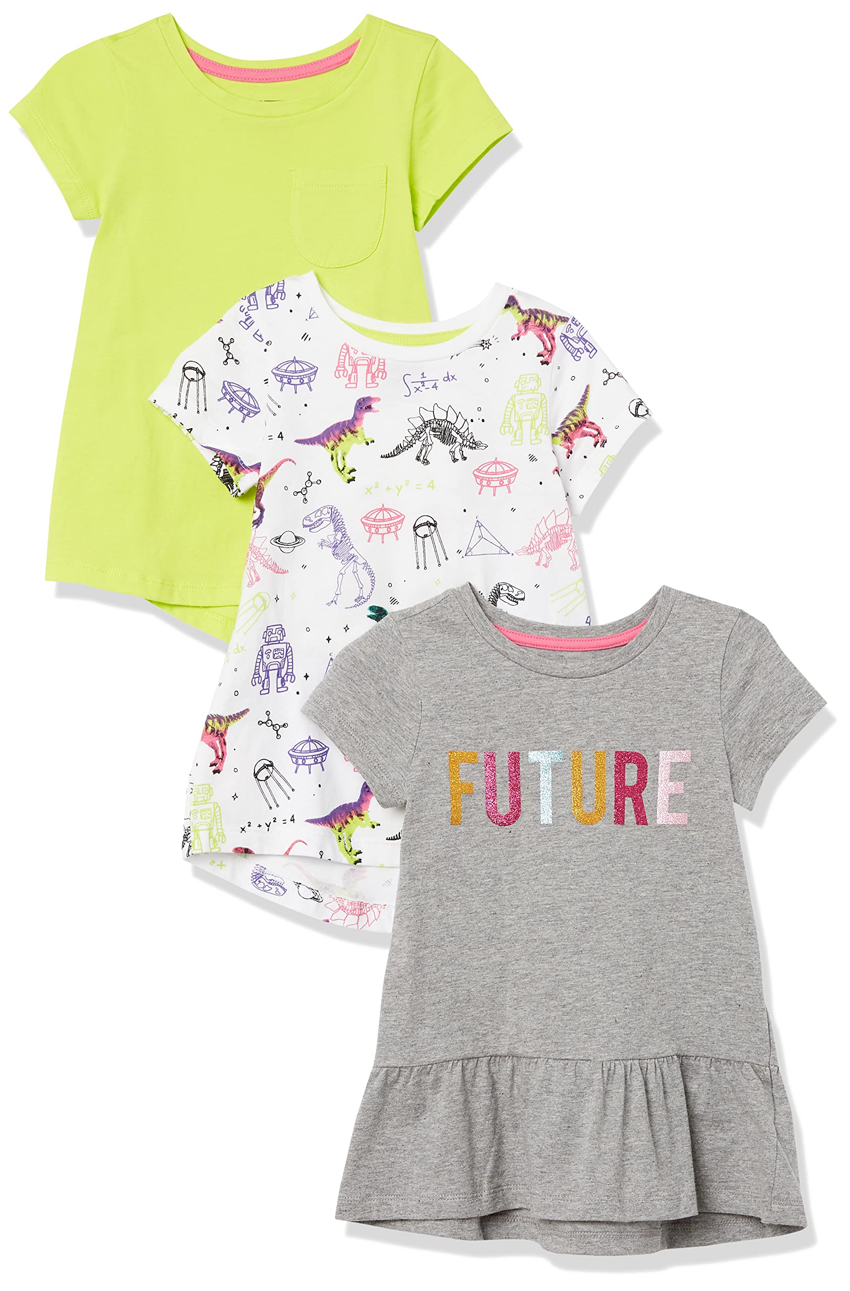 Photo 1 of Amazon Essentials Girls and Toddlers' Short-Sleeve and Sleeveless Tunic Tops (Previously Spotted Zebra), Multipacks 3 Green/Grey/White Dinosaur X-Large