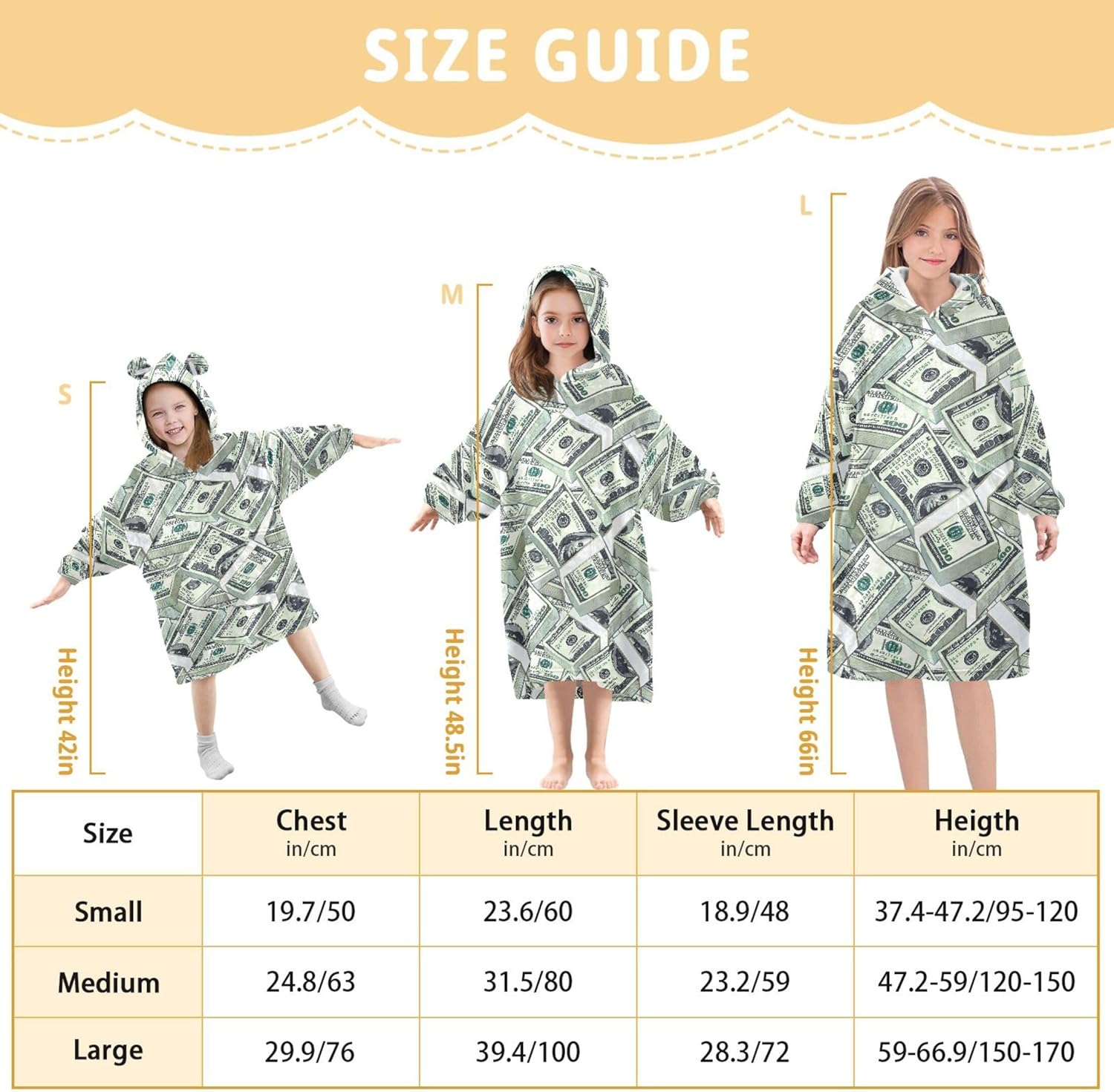 Paper Money Hundred Dollar Bills Kids Wearable Blanket Hoodie with Pocket and Sleeves for Toddlers Cute Hoodies Girls