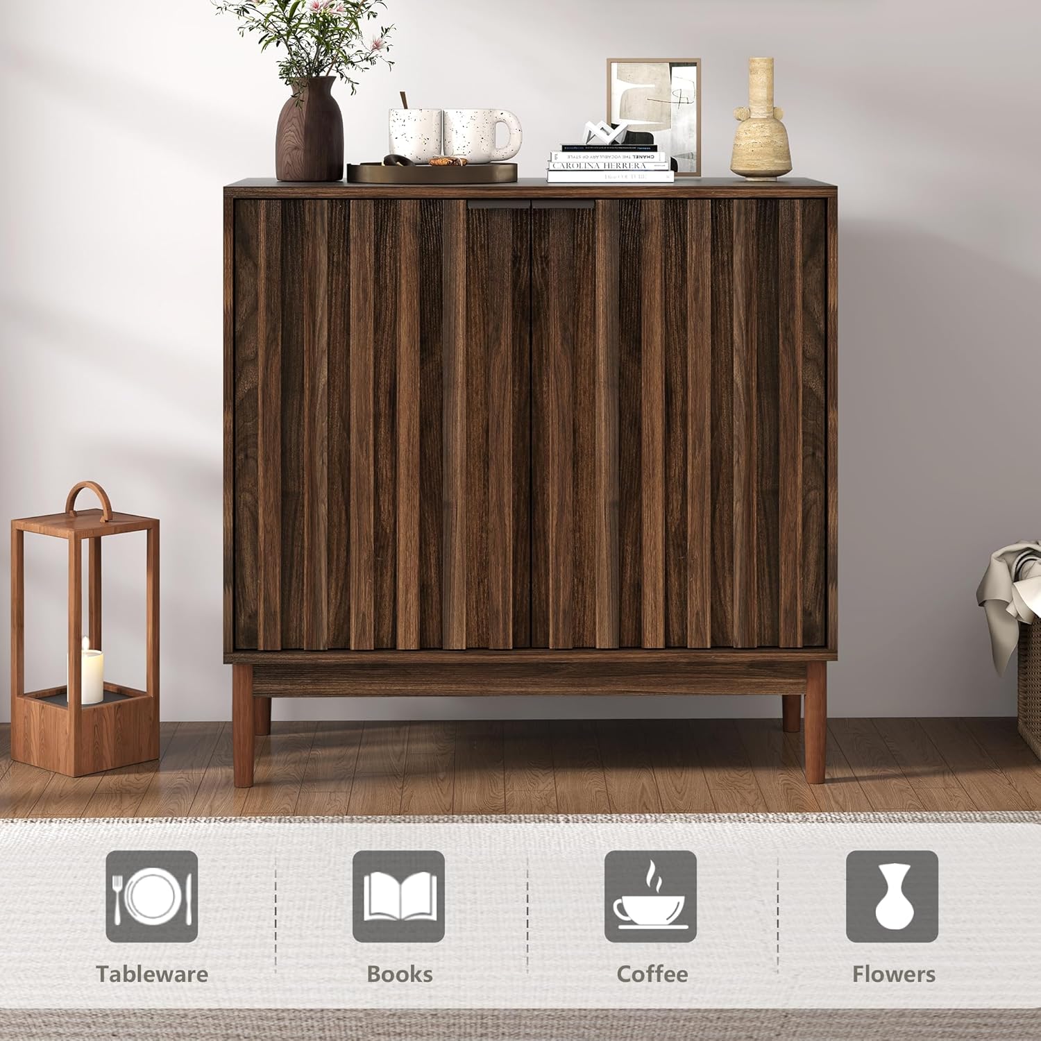 Otterease Fluted Cabinet with Storage, Buffet Cabinet Sideboard with Door, Kitchen Buffet Storage Accent Cabinets with Adjustable Shelves for Living Room, Entry, Hallway, Brown, Walnut
