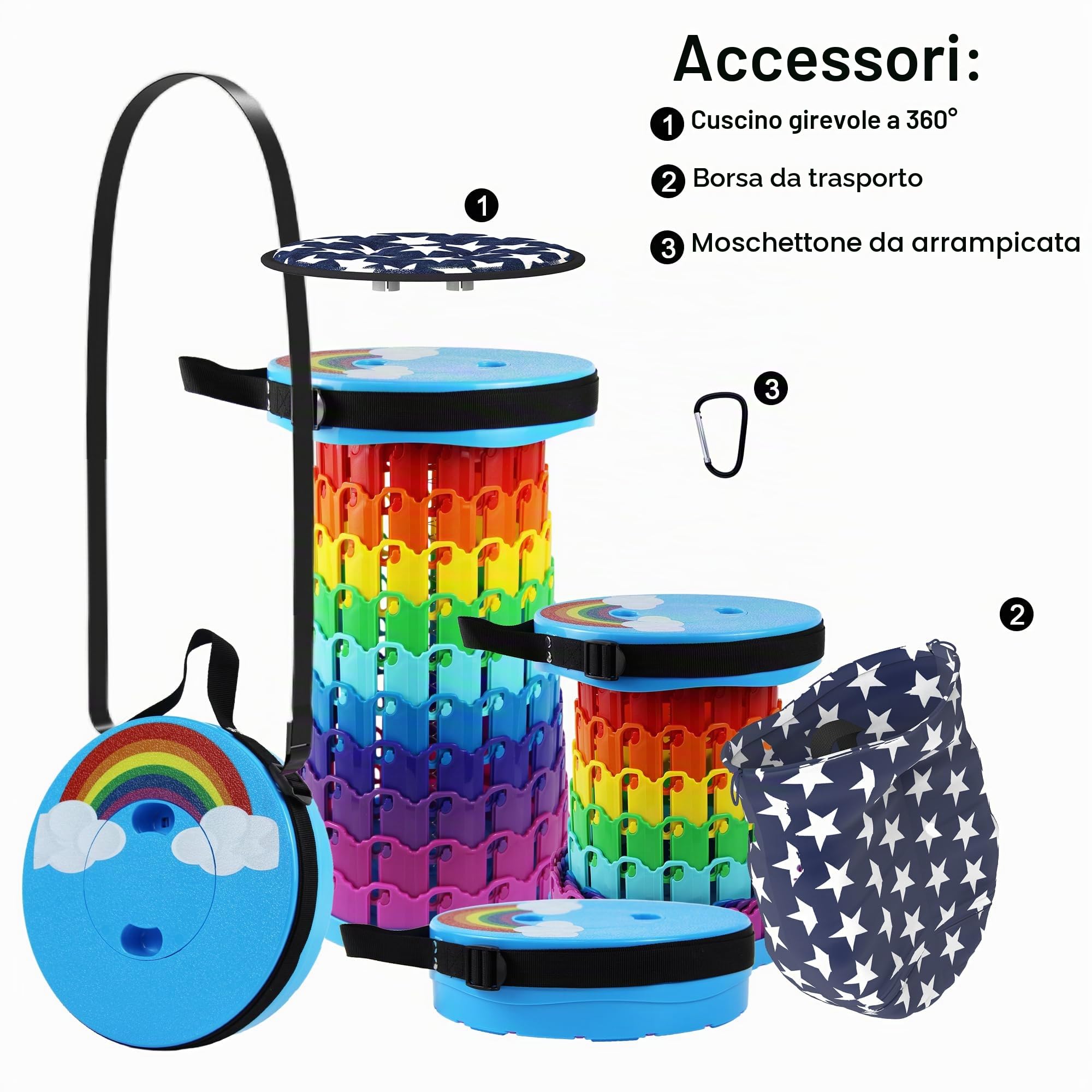 ALEVMOOM Sgabello Pieghevole Portatile con Cuscino,Sgabello da Campeggio per Adulti,Sgabello da Campeggio Telescopico Sgabello Pieghevole per Pesca BBQ Interni Attività (Le Nuvole Arcobaleno)