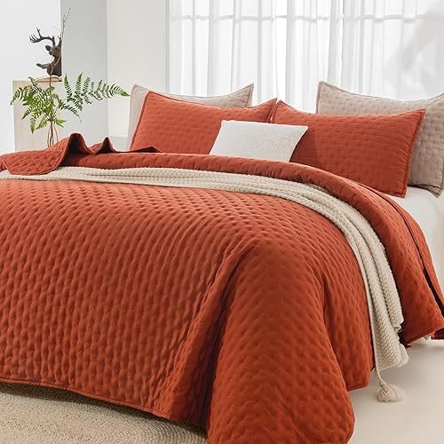 Andency Juego de ropa de cama tamaño Queen de color naranja quemado (90 x 96 pulgadas), colcha de 3 piezas suave y ligera, edredón de verano bohemio