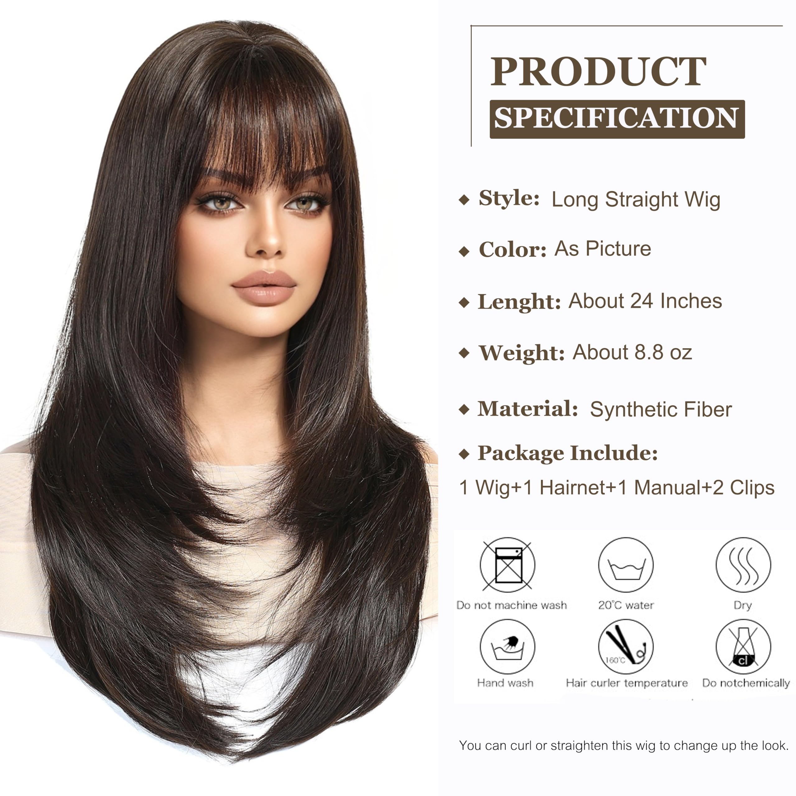 Esmee Long Straight Dark Brown Wigs for Women with Fringe Natural Synthetic Hair Wig for Daily & Party Use - Image 2