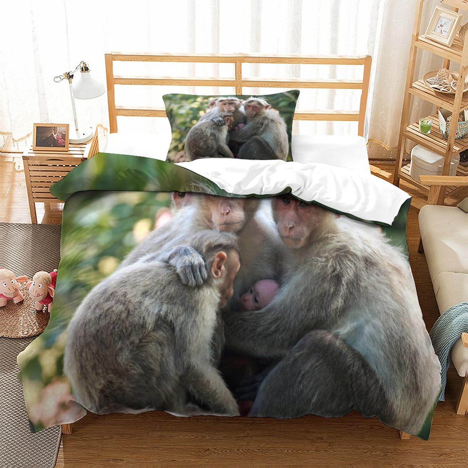 P1S9U7W5Y Wildlife 3D Printed Monkey Microfiber 3pcs Duvet Cover Set Forest Bedding Set Single