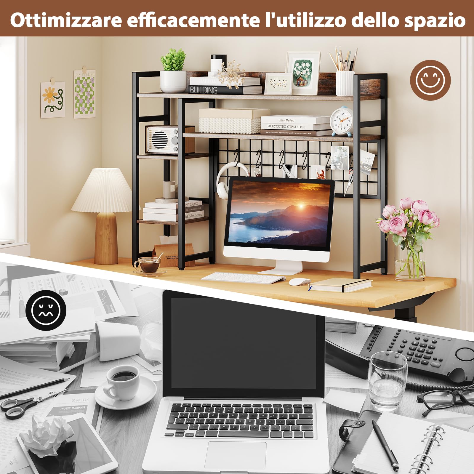 RELAX4LIFE Libreria da Scrivania a 4 Ripiani, Organizer per Oggetti con Pannello a Griglia Metallica, Mensola Scaffale Espositivo da Scrivania in Legno per Ufficio Casa Dormitorio (Industriale)