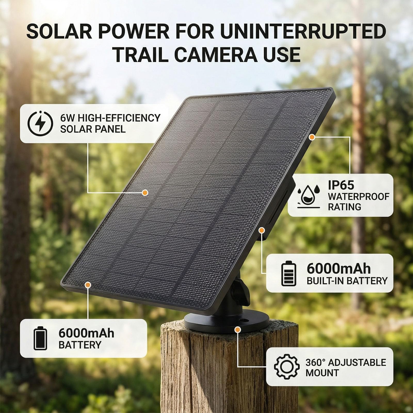 Fockety Wildkamera Solarpanel, 6 W, 360° Drehbar, 6000 MAh, Wiederaufladbarer Lithium Akku, IP65, Wasserdichtes Solar Ladegerät Set für Überwachungskameras, Mobilfunk