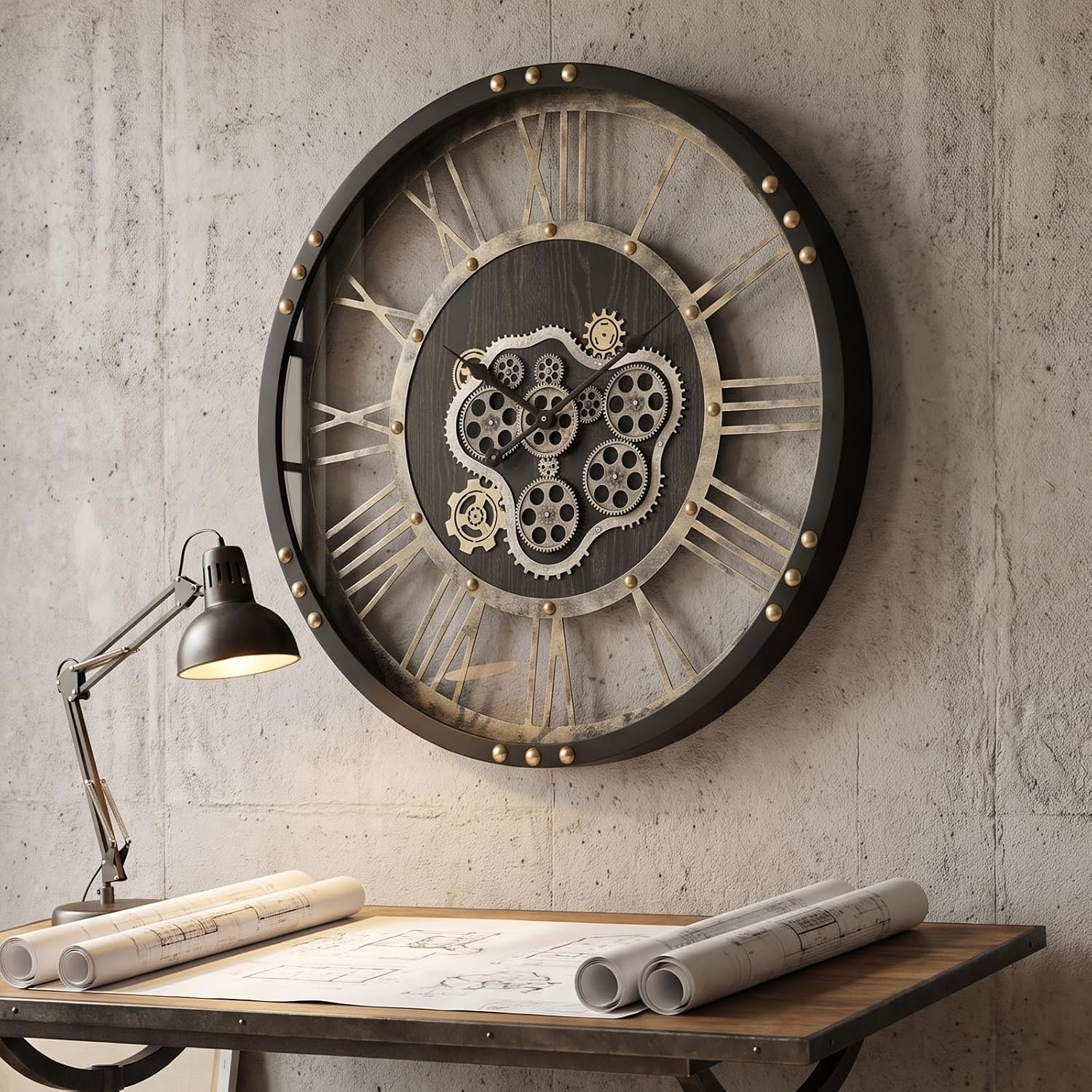 Steampunk Moving Gears Wall Clock Industrial Roman Numeral Decor