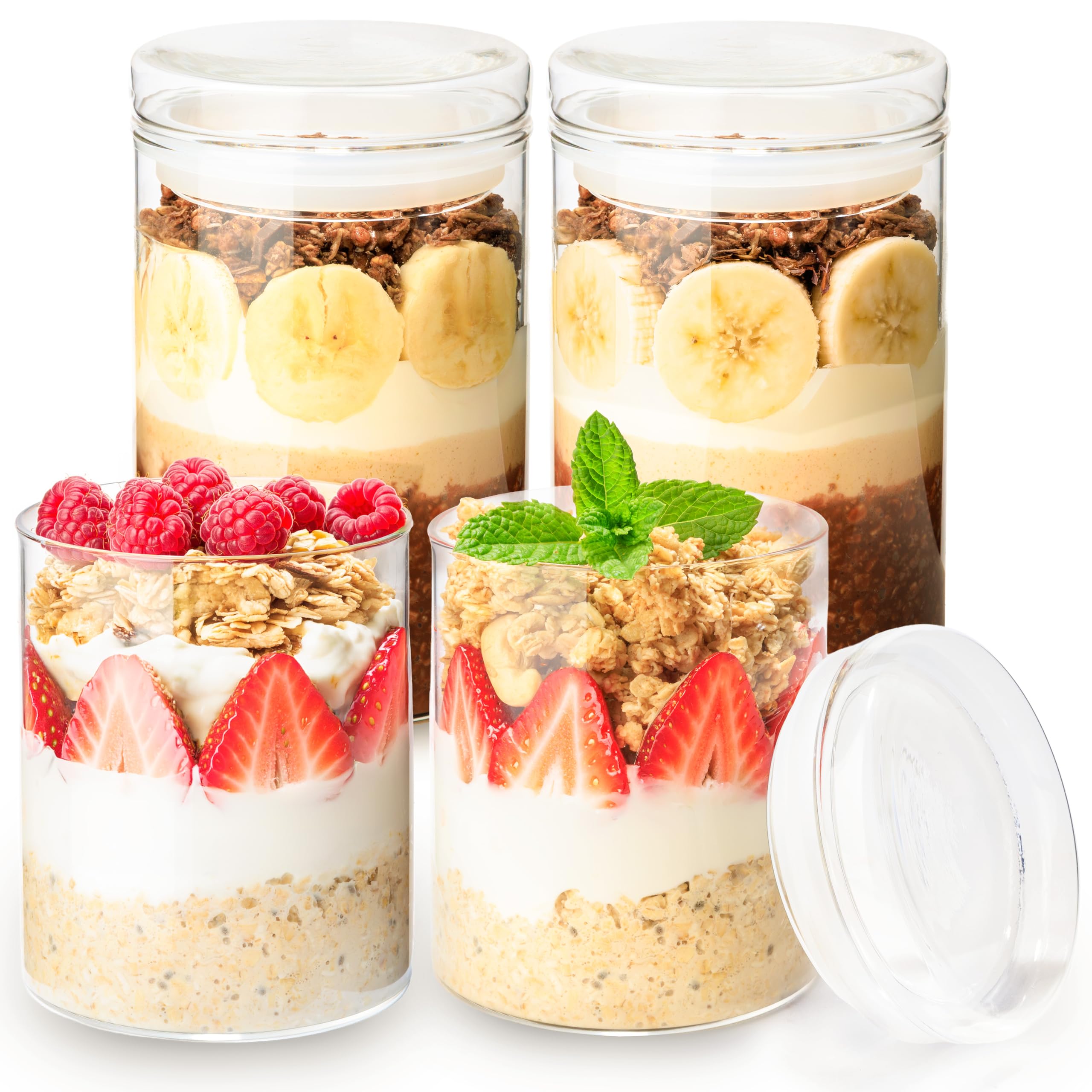 BLOOMWARE® Overnight Oats Gläser mit Glasdeckel [2x400ml + 2x550ml] – Frühstücksgläser für Müsli, Joghurt, Chia Pudding & Acai – spülmaschinenfeste Vorratsgläser aus Borosilikatglas | Meal Prep Gläser
