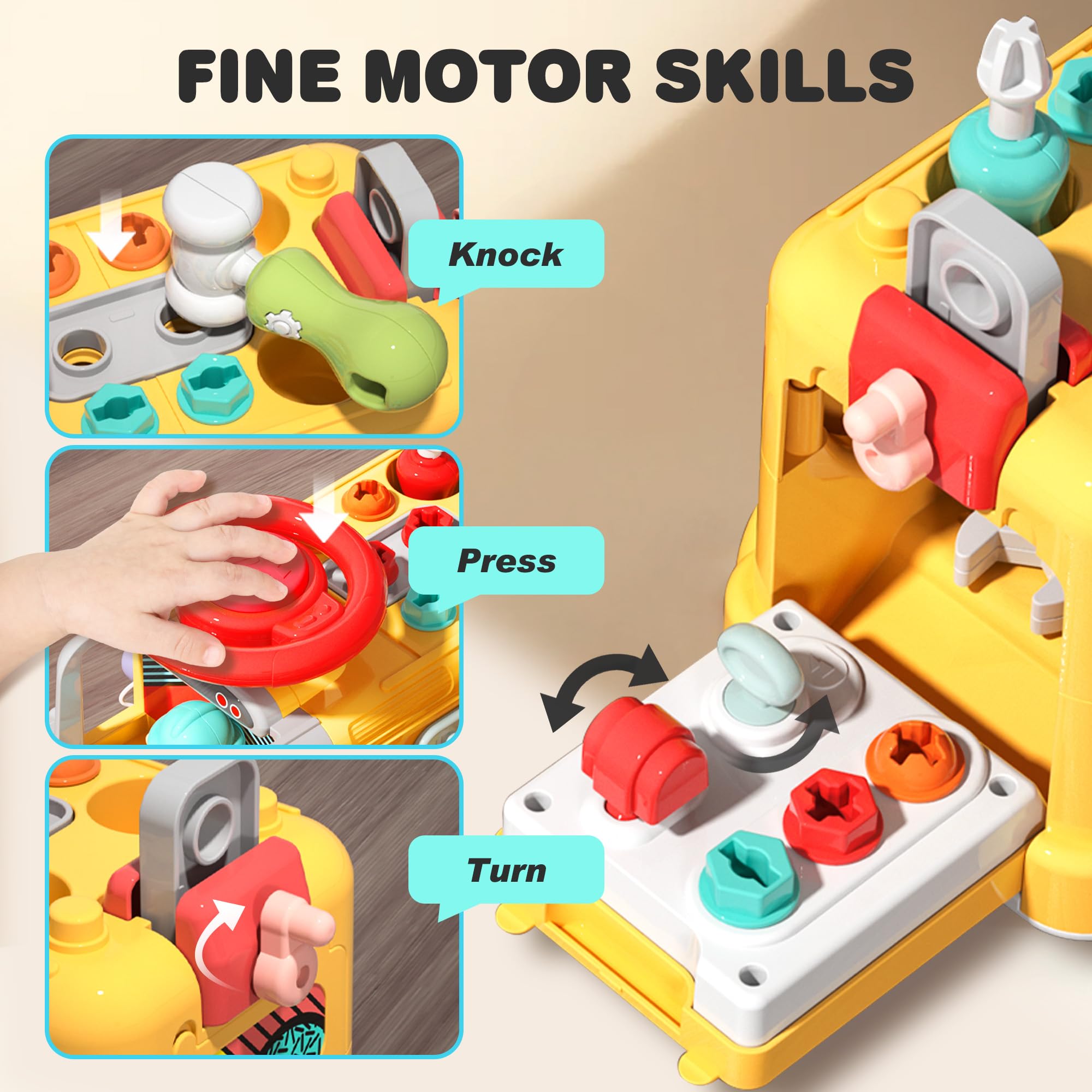 Juguete de autobús ocupado para niños pequeños, autobús escolar con herramientas, volante y engranajes, camión Push Go Assemble, juguete Montessori de aprendizaje STEM de motor fino 4