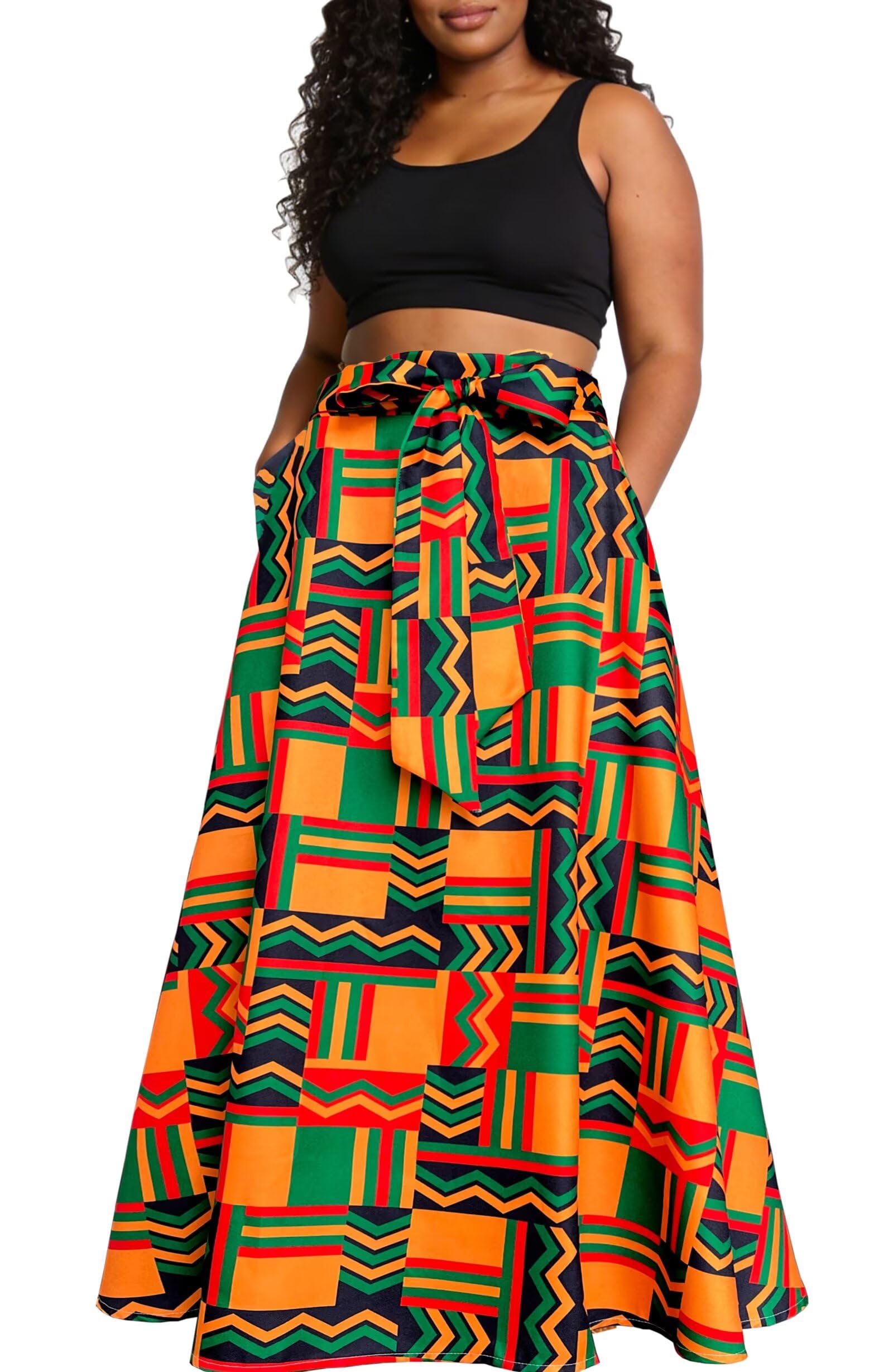 African Dashiki Print Women's High Waist Elastic Waistband Skirt Tie Front A-Line Flowy L…