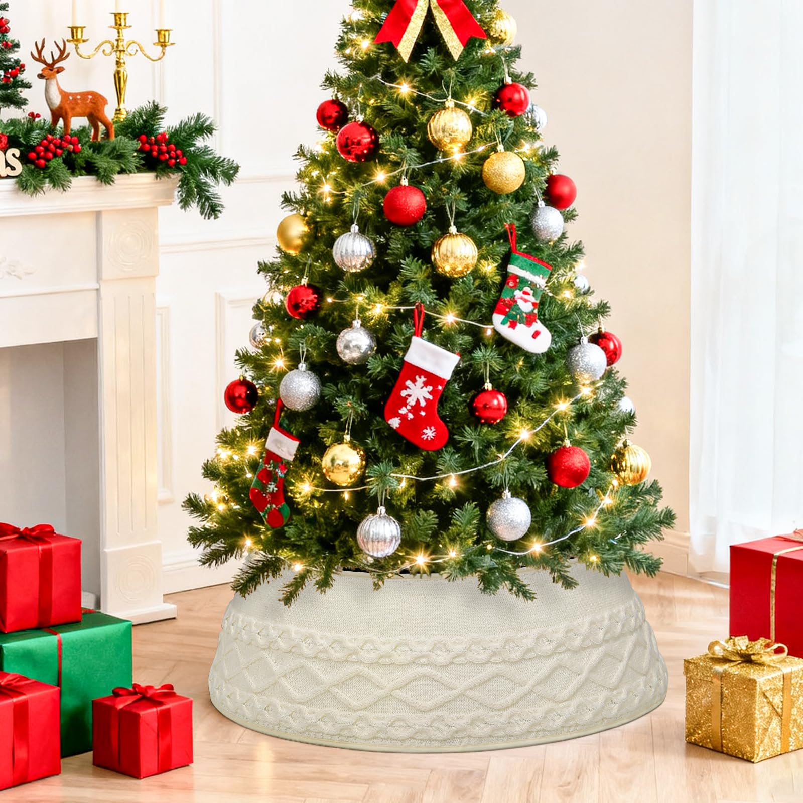 Betylifoy Gonne Albero di Natale Tridimensionale Lavorata a Maglia 71 cm Rotonda Decorazioni Albero di Natali, Base Alberi di Natali (Bianco)