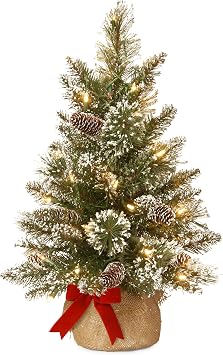 National Tree Company 2ft Pre-Lit Glittery Bristle Mini Christmas Tree | 15 Warm White LED Lights, 70 Tips, Pinecones, Burlap Base, Timer, Artificial, Green