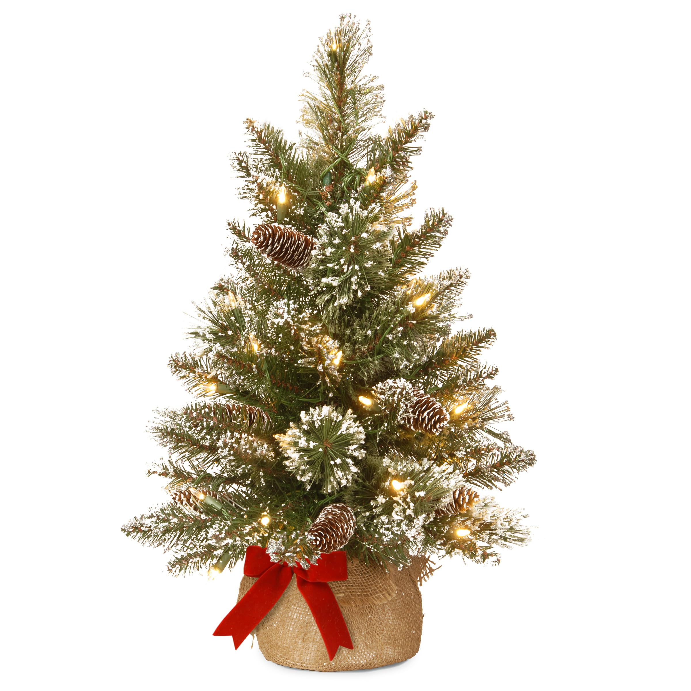 Pre-lit Artificial Mini Christmas Tree | Includes Small LED Lights, White Tipped, Glitter Branches Cones and Cloth Bag Base | Glittery Bristle Pine-2, 2 Foot, Green