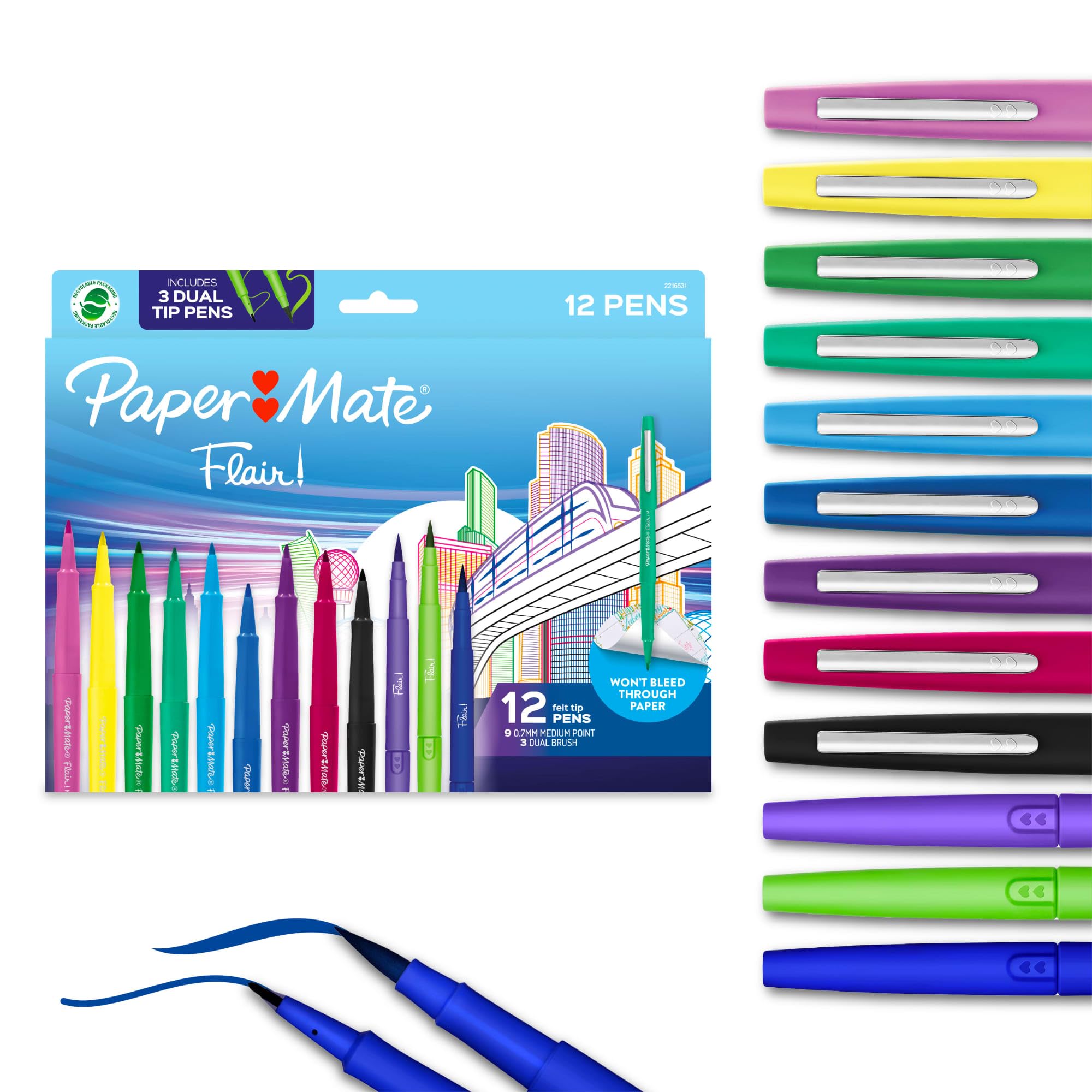 paper mate flair felt tip pens variety pack, features medium point and dual brush pens, assorted, 12 count