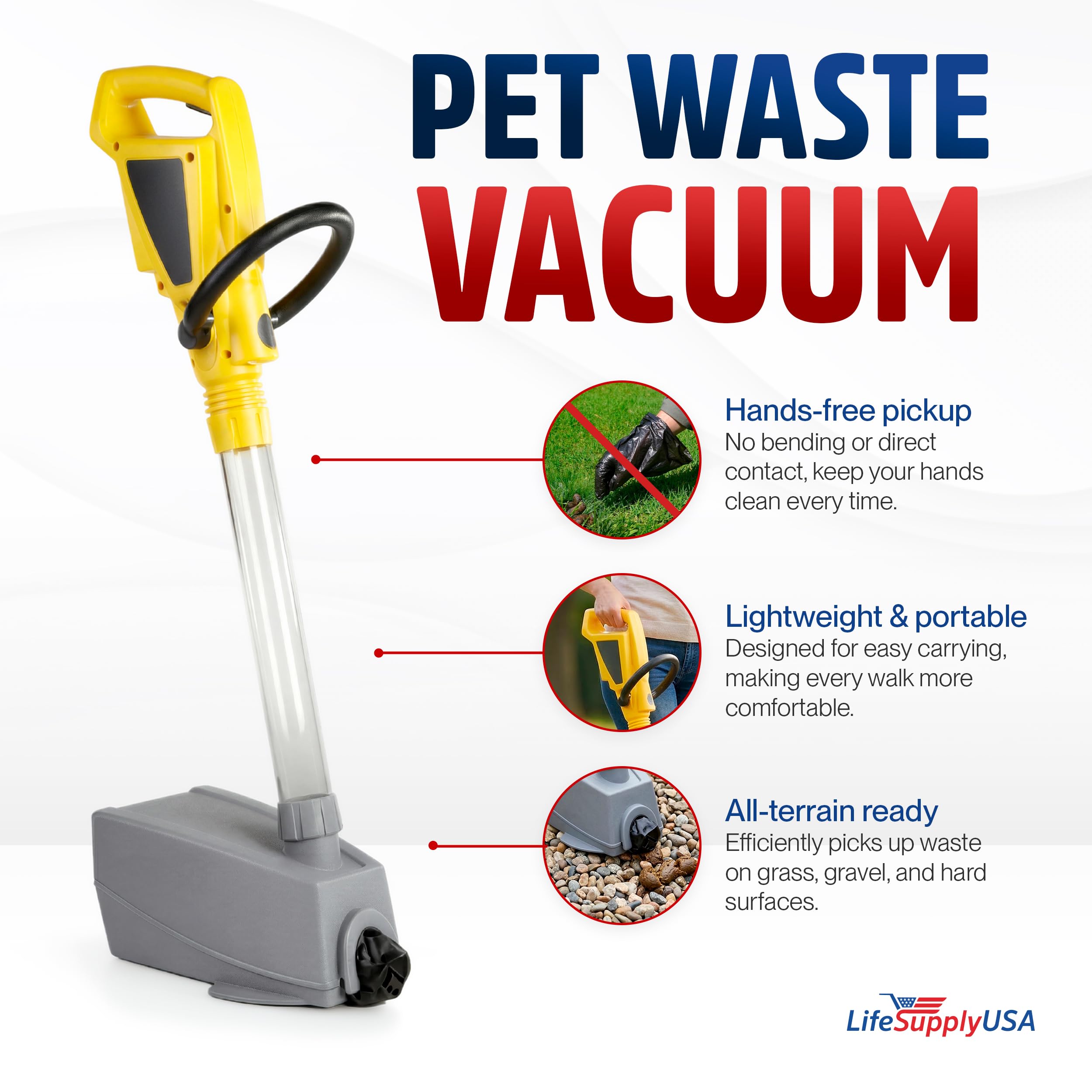LifeSupplyUSA Recogedor de excrementos de mascotas al vacío para perros, pala eléctrica portátil para limpieza de patio y paseos, recogedor de excrementos de mano sin contacto