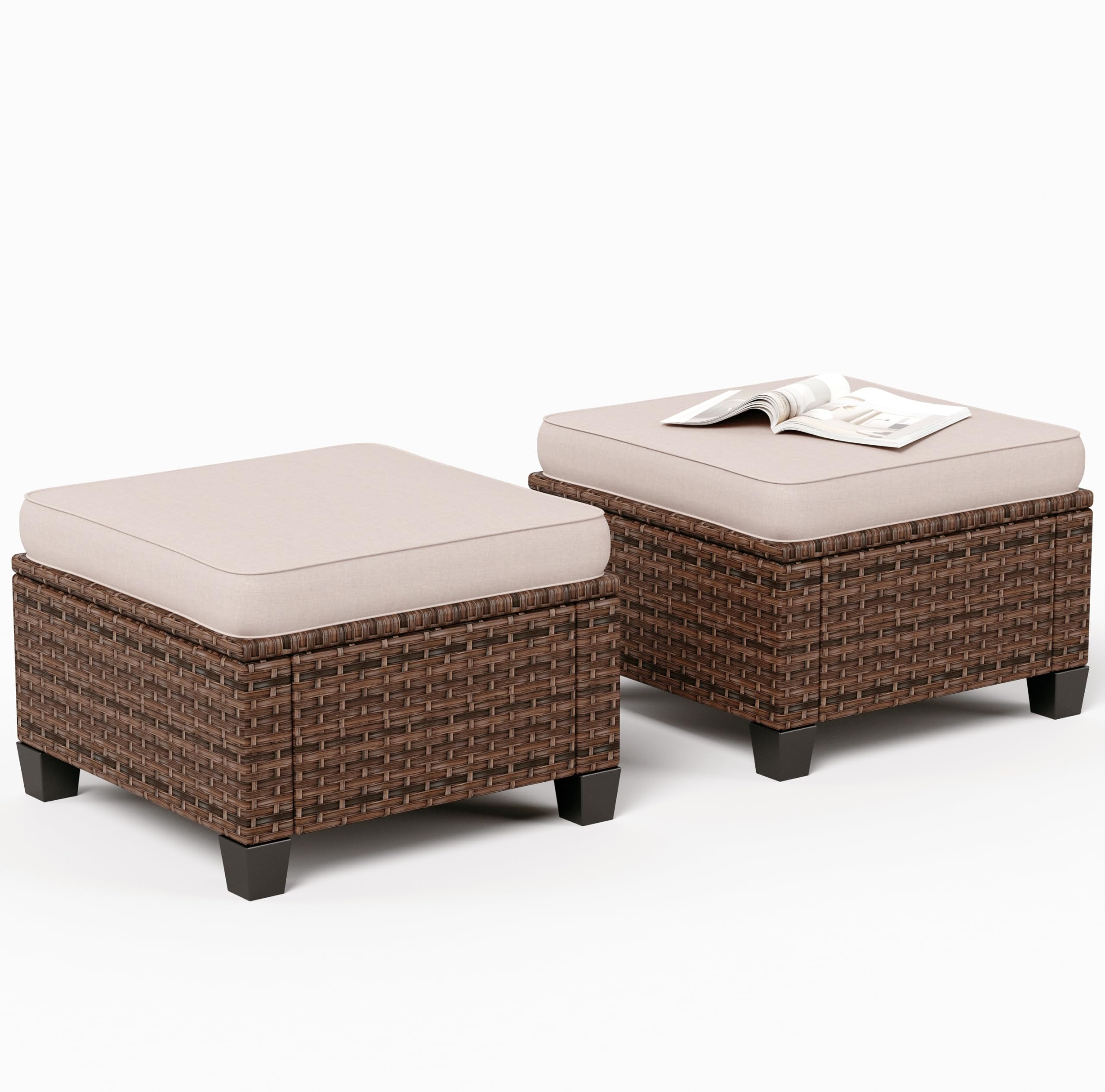 SUNSHINE VALLEY 2 Pieces Outdoor Patio Ottomans/Coffee Table/Single Seating with Brown Premium Wicker Rattan and 4