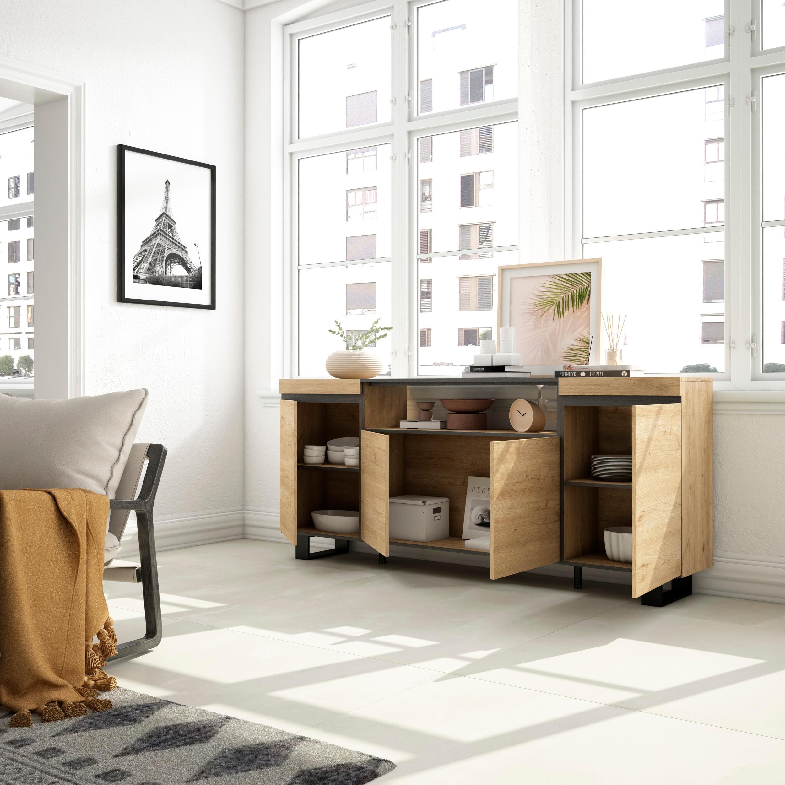 Skraut Home | Aparadores para salón | Gran Capacidad de almacenaje | 200x87x35cm | 4 Puertas | Diseño Industrial | Estilo Moderno | Roble y Negro