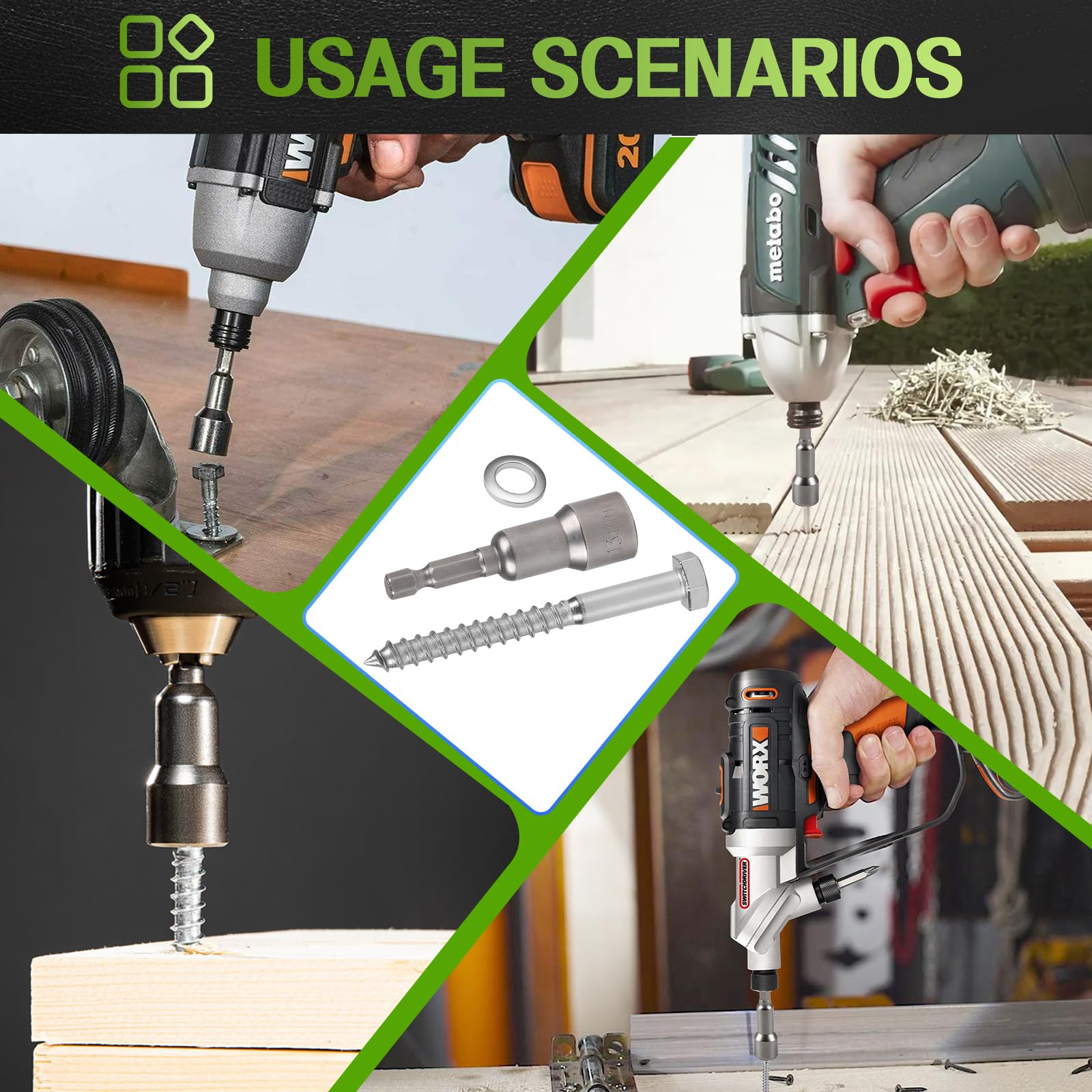 MIGUBUGI 10 PCS Tirafondi per Legno M8 x 80 mm con Rondelle e Bussola Esagonale Acciaio Inox 304, Viti Autofilettanti per Metallo Testa Esagonale, Viti Tirafondo, Vitis Esagonali