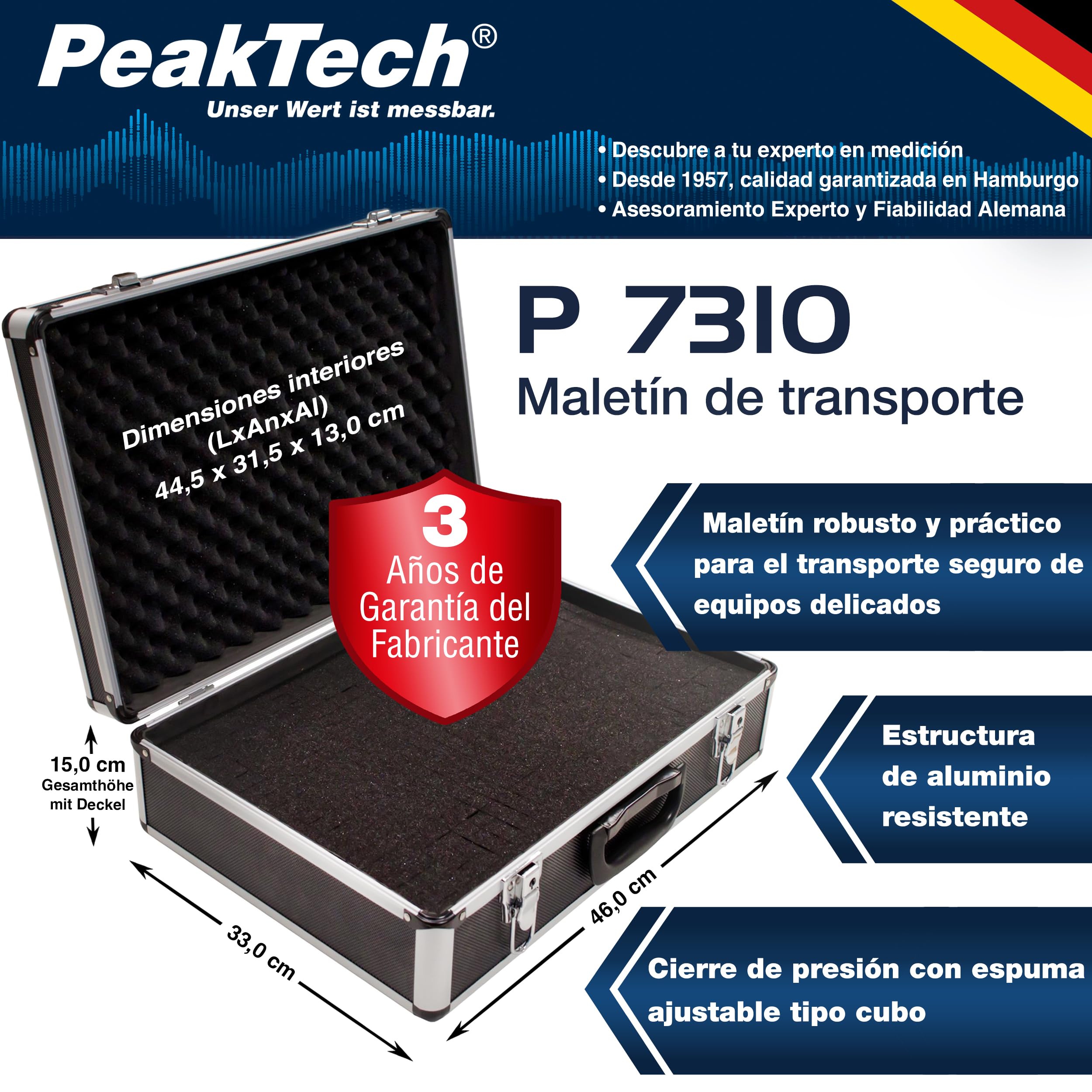 PeakTech P 7310 7310 - Maletín universal para instrumentos de medición, maletín de transporte resistente, almacenamiento de herramientas, placas de espuma acolchada, con cerradura, protector contra el