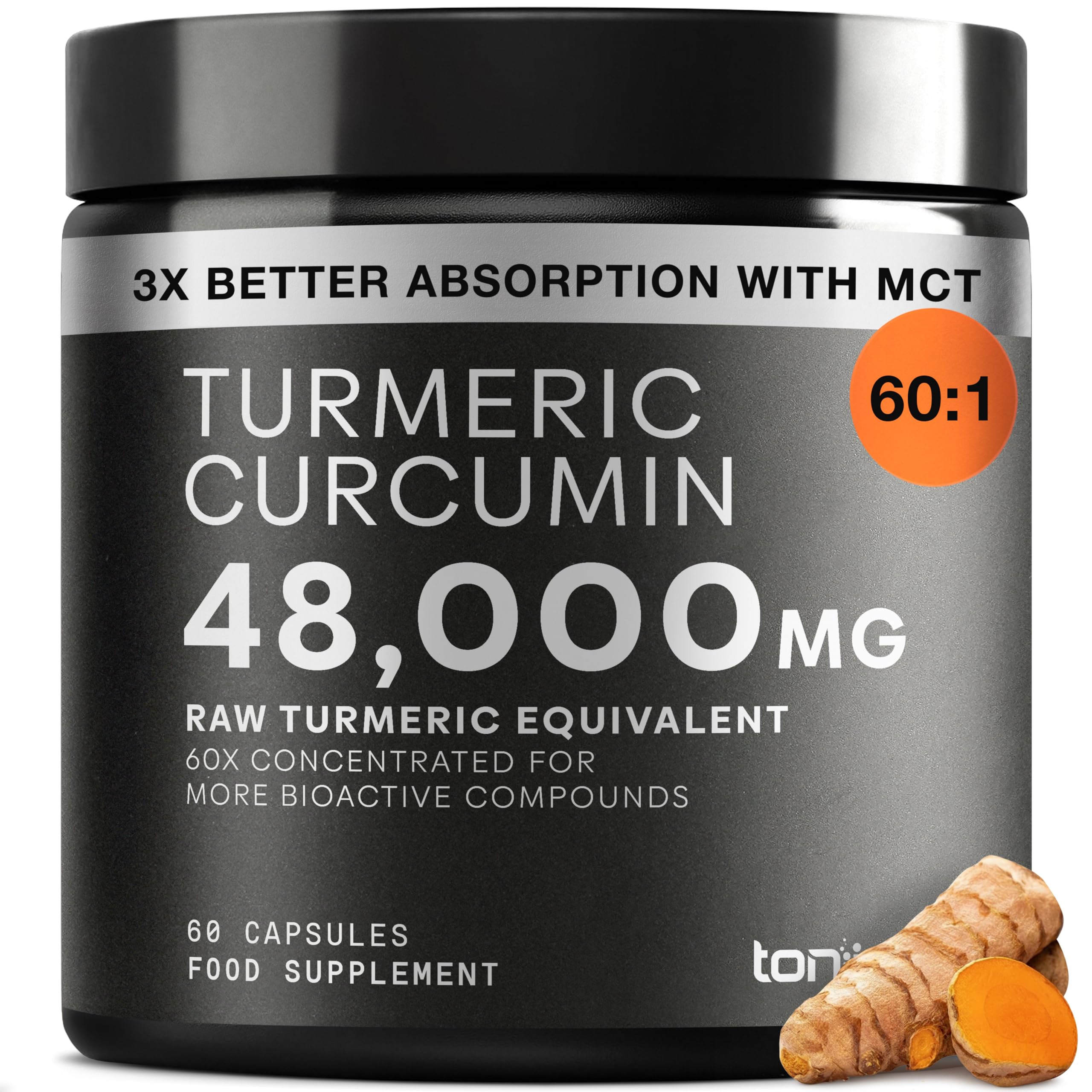 Turmeric Curcumin - 48000mg from a 60:1 Extract with 95% Curcuminoids - 800mg Per Serving - Black Pepper & MCT Oil for Enhanced Absorption - Third-Party Lab Tested - 60 Capsules