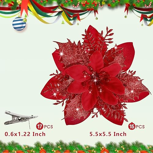 Miniatura 2 de Childom 15 piezas de flores de pascua artificiales azules con clips, decoraciones de Navidad, flores de pascua con purpurina, adornos de Navidad