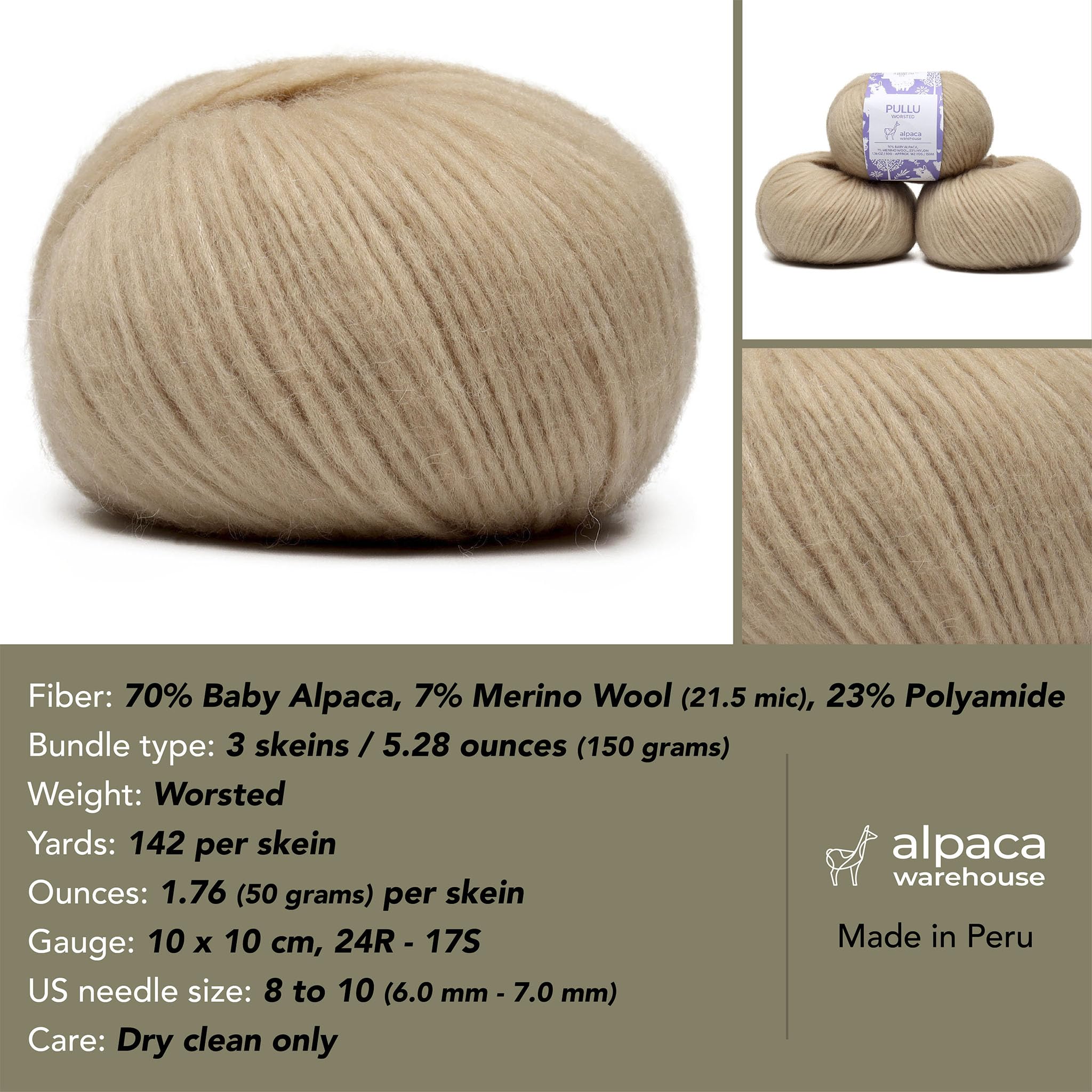 Pullu Baby-Alpaka-Merinowolle, Set mit 3 Knäueln (150 g) Kammgewicht, direkt aus Peru, himmlisch weich und perfekt zum Stricken und Häkeln (Mandel-Latte)