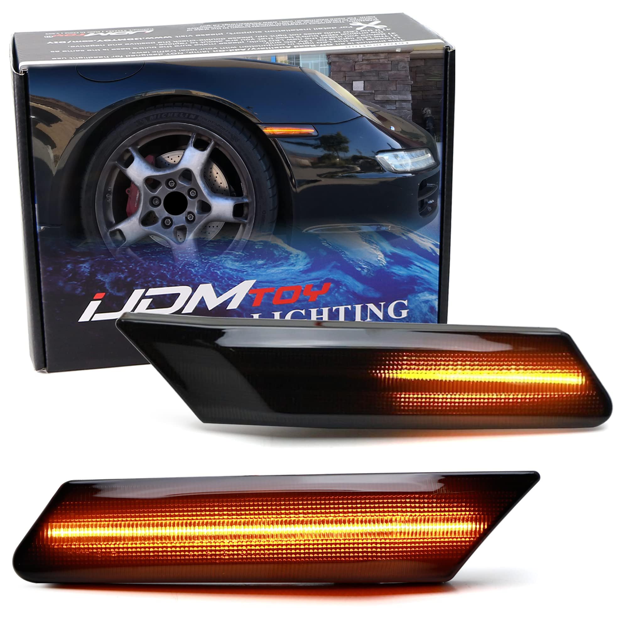 iJDMTOY Euro Smoked Lens Amber Sequential Blink LED Front Side Marker Light Kit Compatible with Porsche 2006-2012 Cayman/Boxster, 2005-2012 911, Powered by 60-SMD LED w/Dynamic Blinking