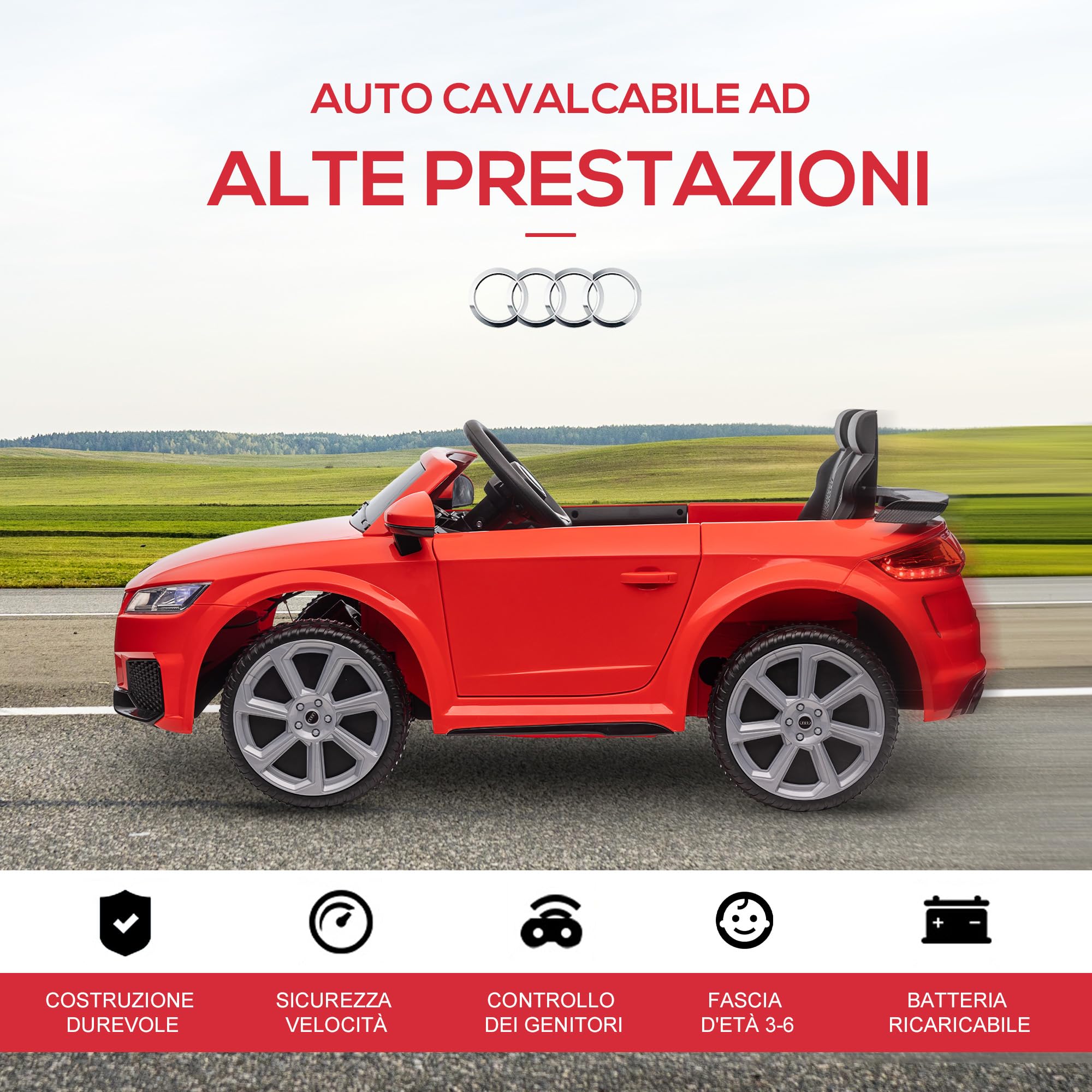 HOMCOM Macchina Elettrica per Bambini 3-5 Anni 12V 3Km/h Licenza AUDI TT, Auto Elettrica per Bambini con 2 Motori, Telecomando 2.4G, Clacson, Musica e Fari LED, Rosso