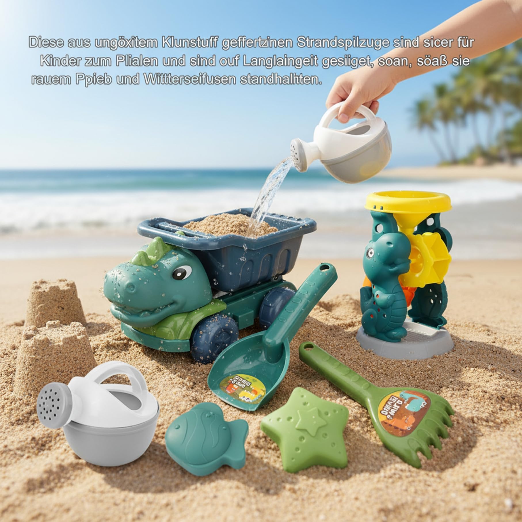 Sandstrandspielzeug, Dinosaurier-Sandspielzeug, Dinosaurier-Strandspielzeug-Set, 7-teilig mit LKW, Sanduhr, Schaufeln und Formen für Kinder zum Spielen im Freien