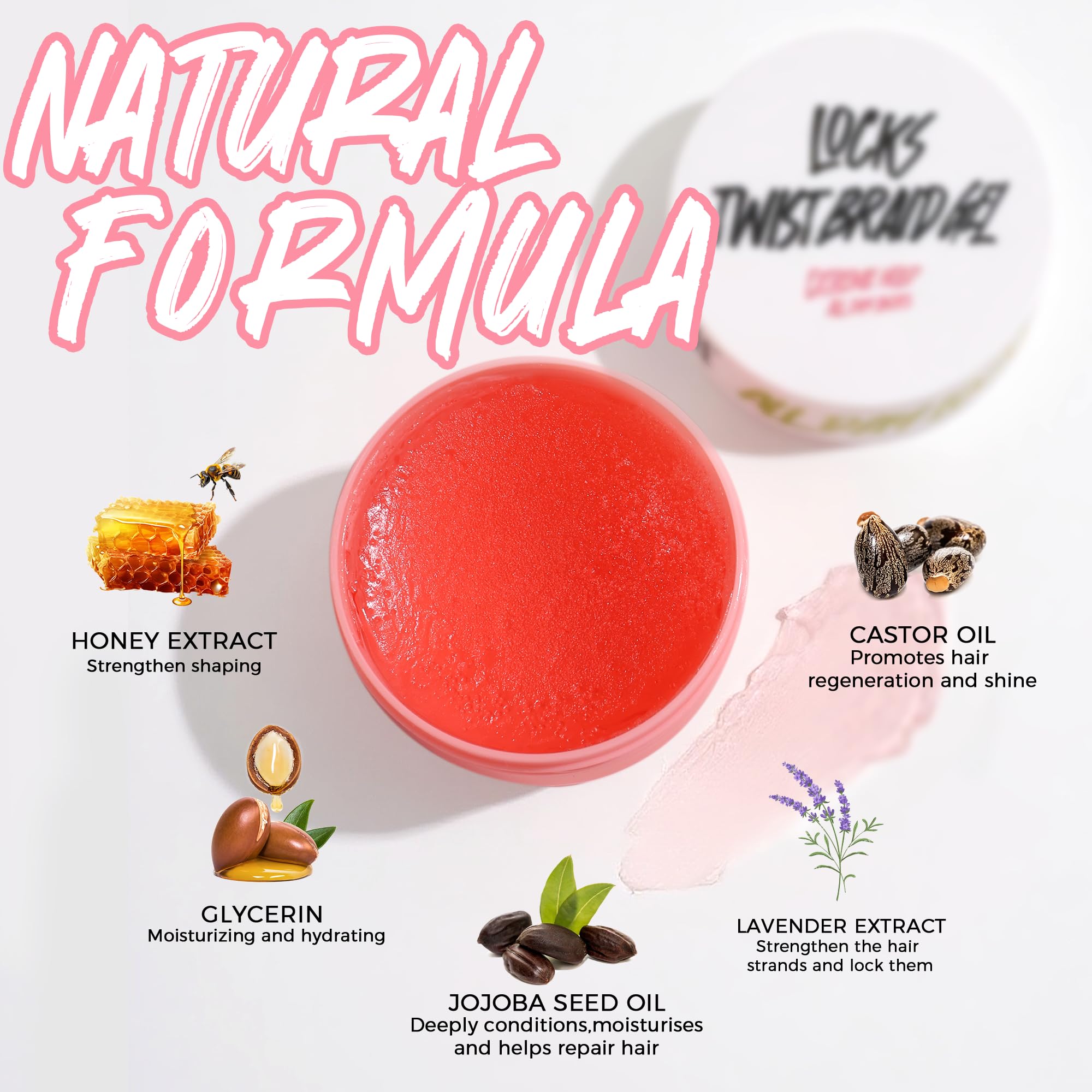 immetee Gel para Trenzas, Gel para Torcer y Marcar con Fijación Todo el Día, Control de Bordes para Cabello Afro, Cera Antifrizz para Cabello con Cepillo Aplicador (Rosa 150g)