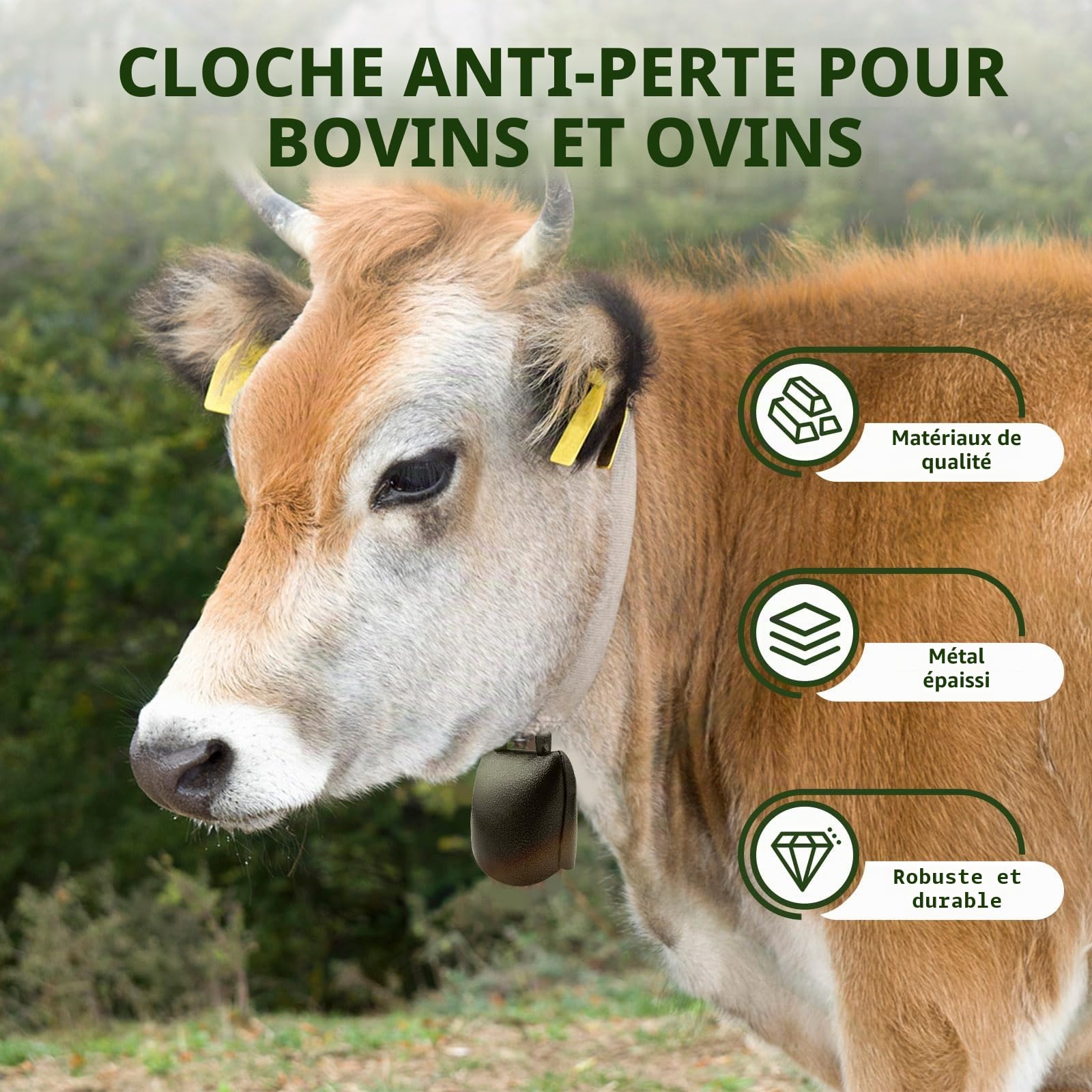 Lot de 2 cloches de vache en bronze avec son net, cloches en cuivre pâturage en métal, pour animaux bruyants anti-perte, accessoires de collier pour chèvre, cheval, mouton (bronze)