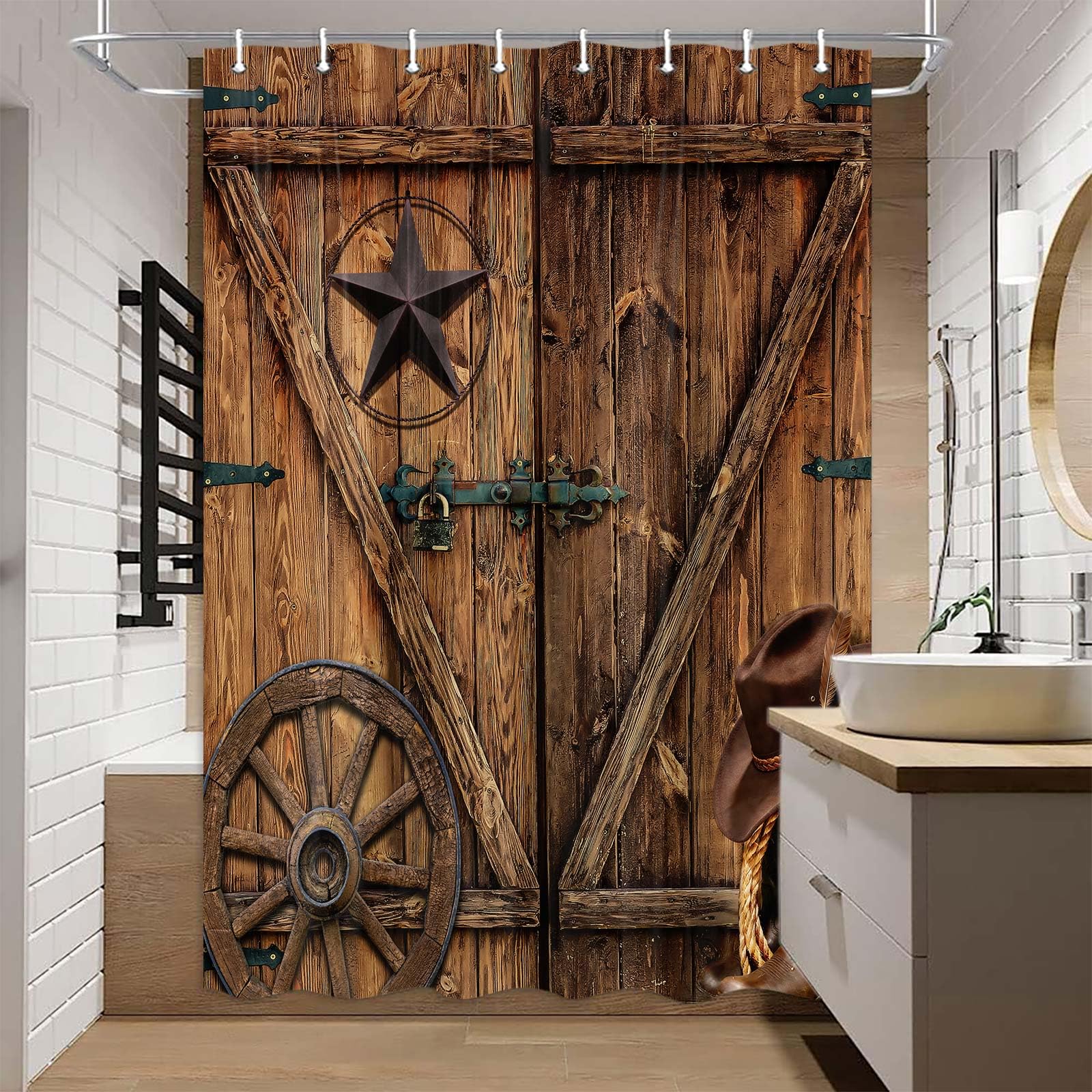 Jipusai Texas Star Western Barn Door Shower Curtain Sets for Stall Cabin,Cowboy Hat Boots Wheel RV Bath Curtain, Vintage Rustic Wooden Board Farmhouse