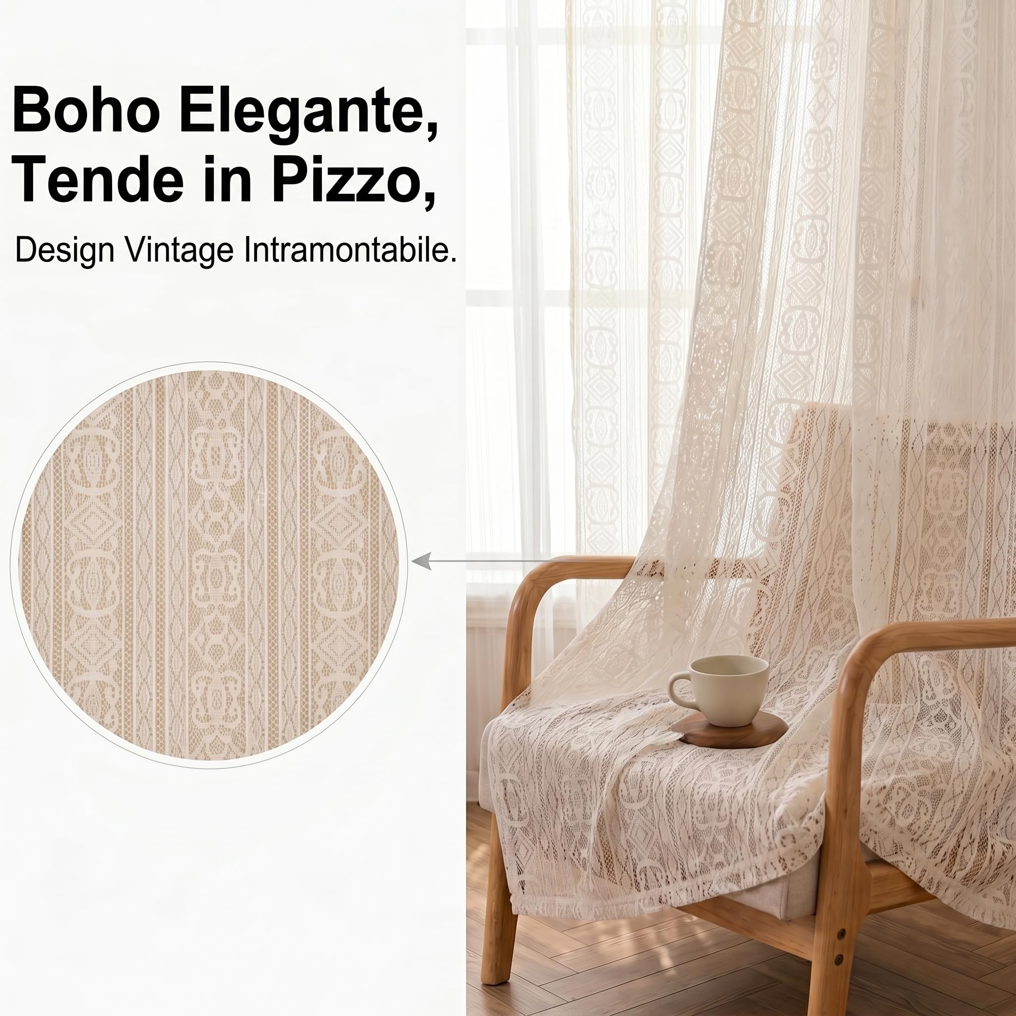 Tende boho beige, set da 2 pezzi, H183 x L132 cm, motivo geometrico traforato effetto macramè, tende semitrasparenti con tunnel per bastone 7,5 cm, stile vintage, soggiorno camera