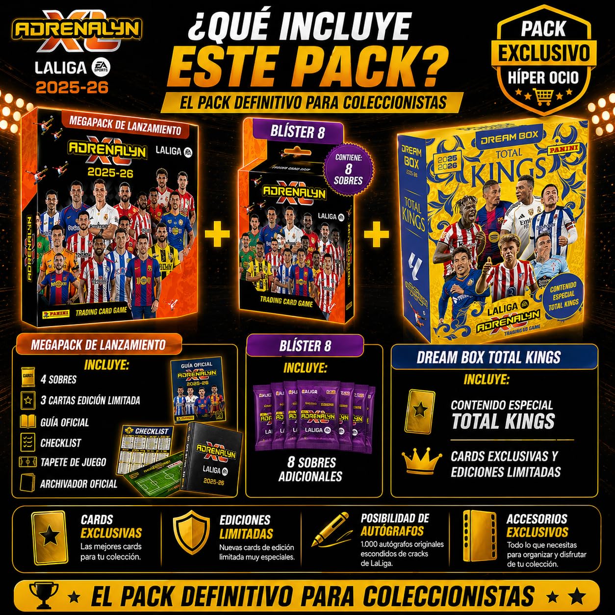 Panini Pack Coleccionista Adrenalyn XL LaLiga 2025-26, Box Serie Oro, Pocket Box Platinum 2026, Dream Box Total Kings y Deck Box