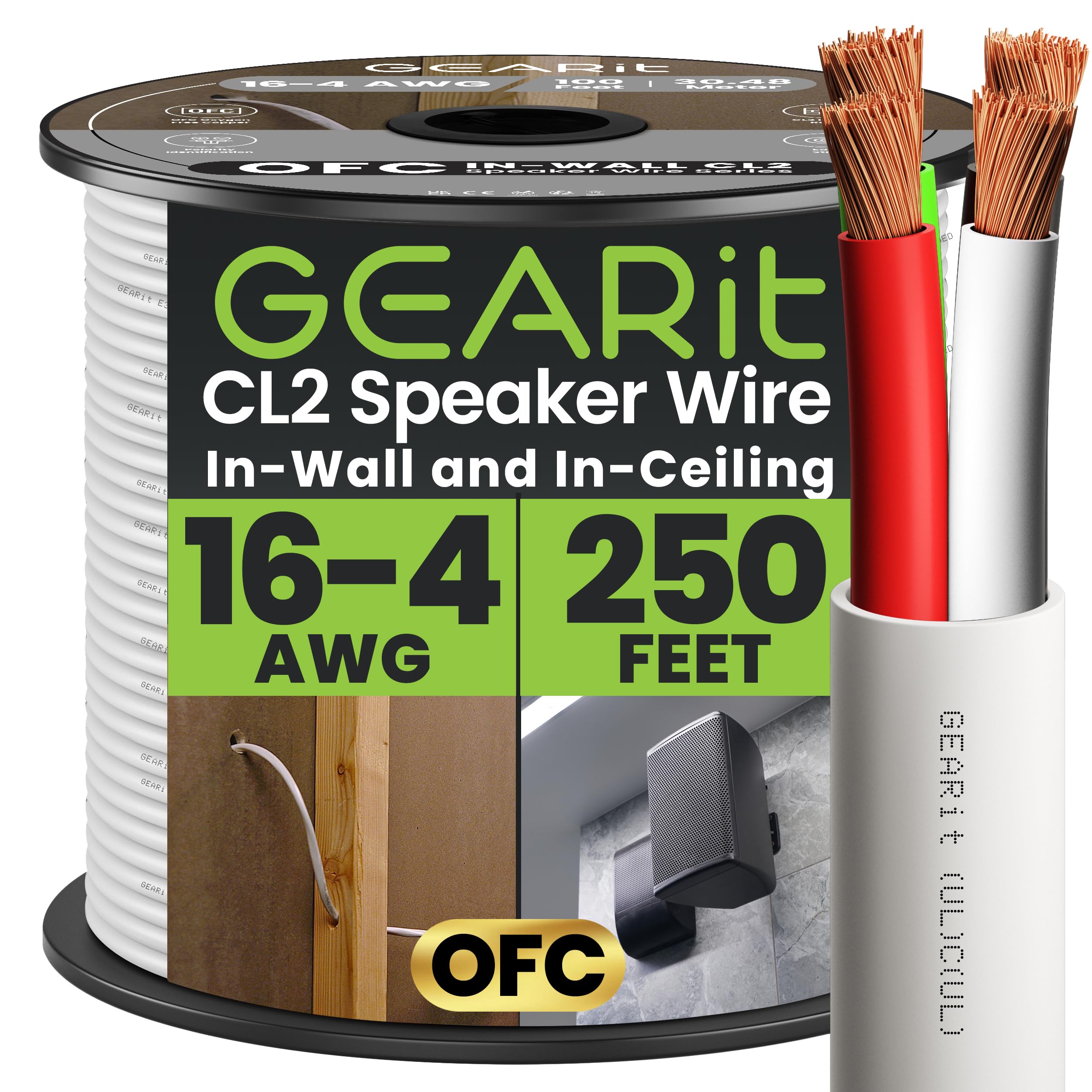 GearIT 16/4 Speaker Wire (250 Feet) 16AWG Gauge - Fire Safety in Wall Rated Audio Speaker Wire Cable / CL2 Rated / 4 Conductors - OFC Oxygen-Free Copper, White 250ft
