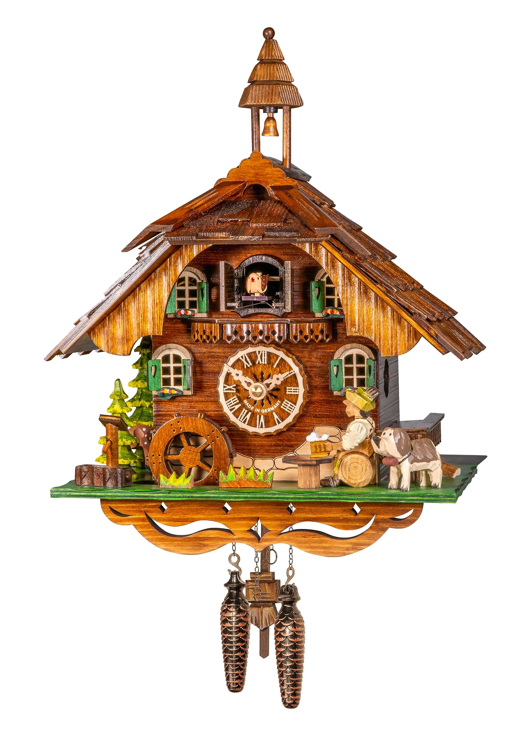EngstlerQuartz Cuckoo Clock Black Forest house with moving beer drinker and mill wheel, with music