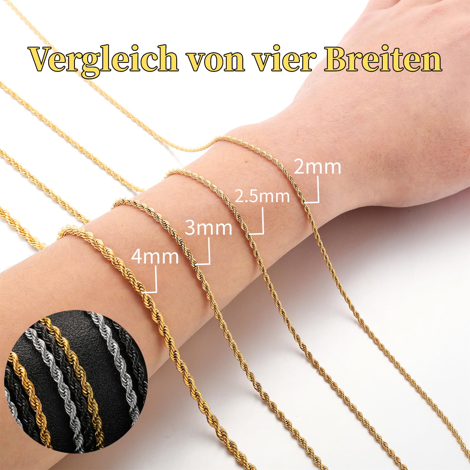 Collana Uomo Argento/Oro/Nero Maglia Catena Twisted 2.5/3/4mm Larghezza Catenina Acciaio Inossidabile Corda Intrecciata Lunghezza 45/50/55/60/70CM