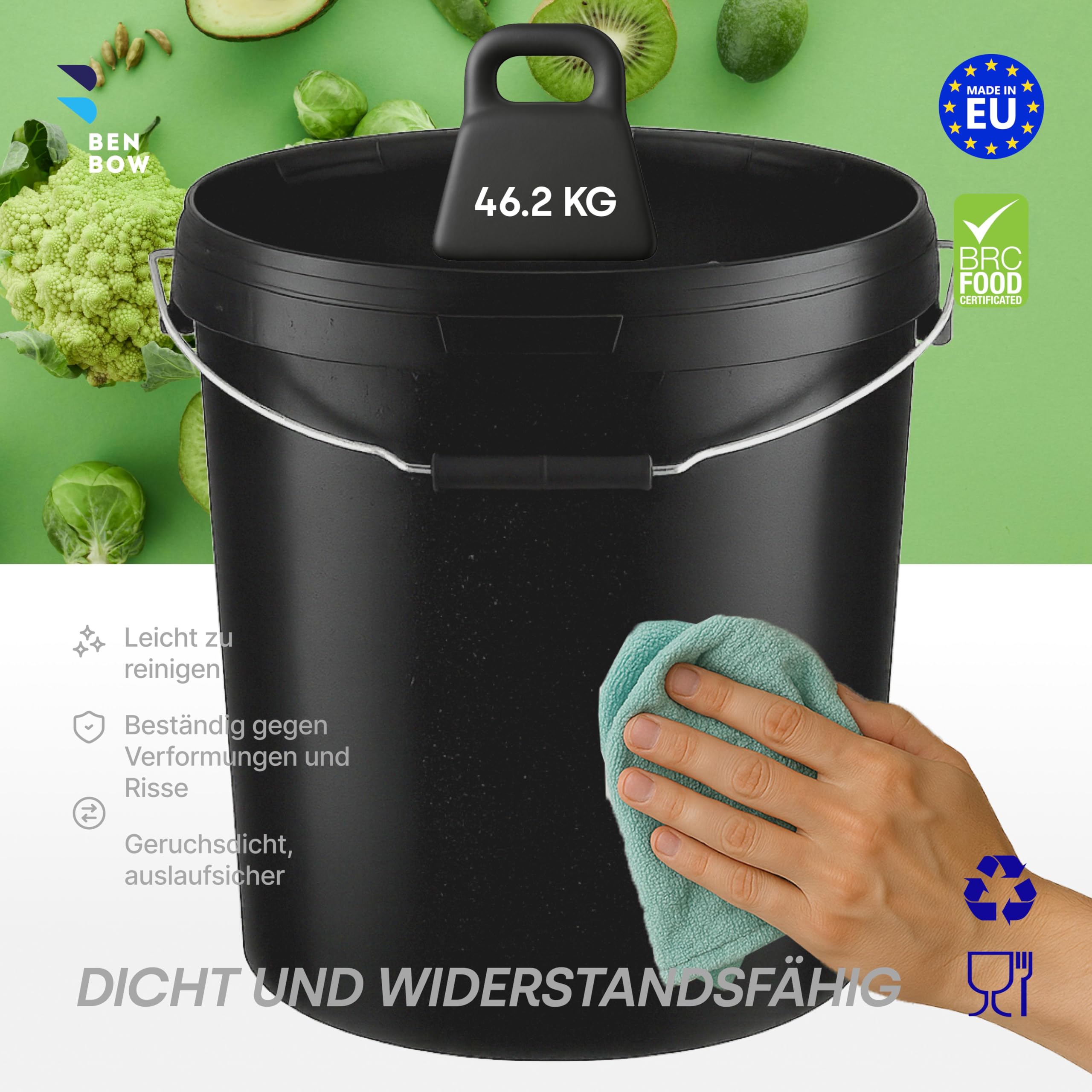 BenBow - Eimer mit Deckel 3X 30 Liter schwarz - lebensmittelecht stabil luftdicht auslaufsicher geruchsneutral - Aufbewahrungsbehälter aus Kunststoff mit Metalgriff - leer - mit Griffen - zu Hause