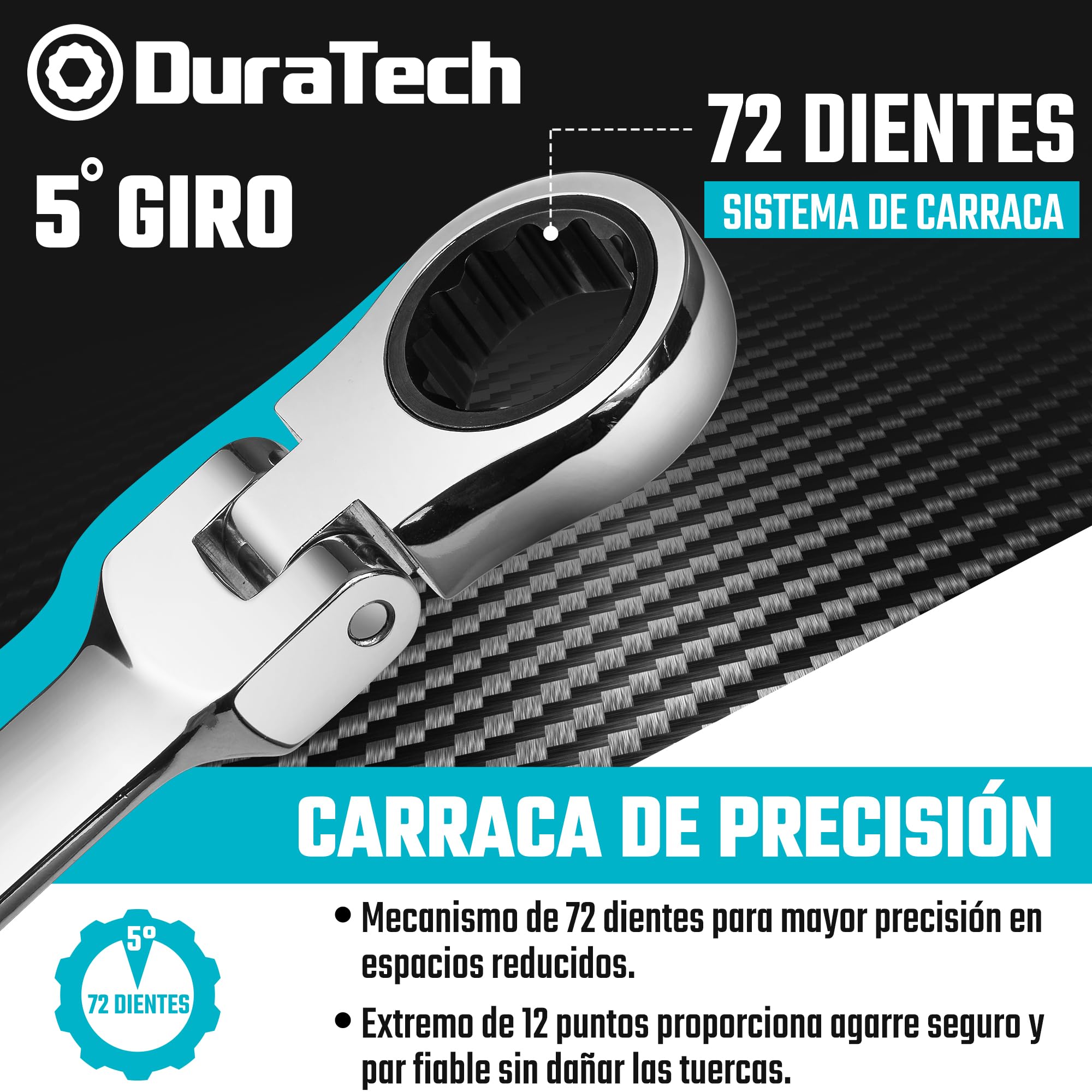 DURATECH Juego de llaves combinadas de trinquete Stubby Flex-head, métricas, 12 piezas, 8-19 mm, acero CR-V, con bolsa