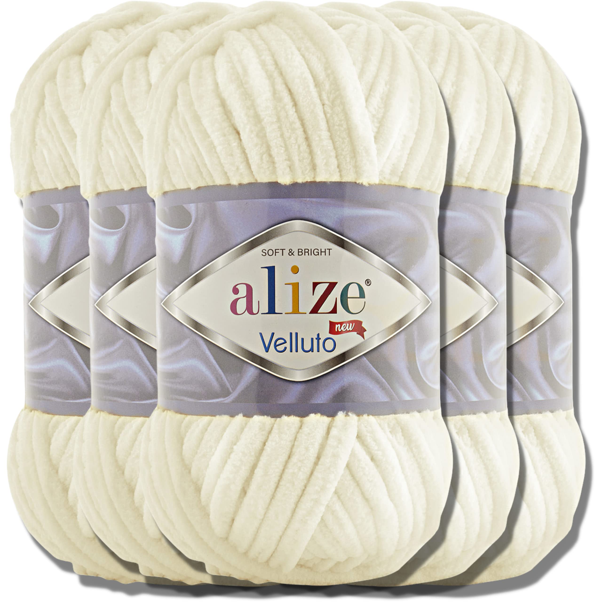 Alize 5 x 100 g Velluto 340 m Turkish Wool 500 g Super Bulky Chenille Yarn Thread Cuddly Soft Cushion Socks for Crocheting Soft Chenille Yarn in XXL Ball for Amigurumi (Light Cream 62)