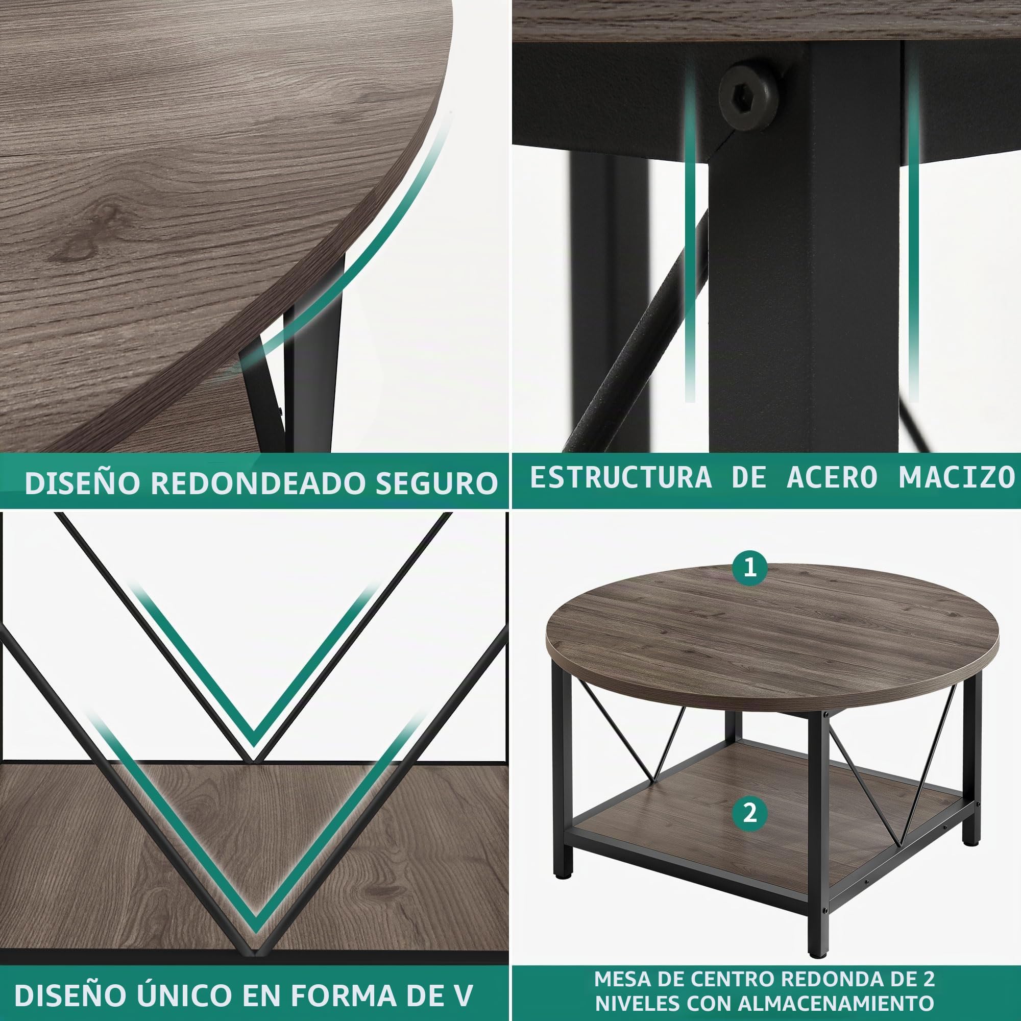 YITAHOME Mesa Auxiliar Redonda, Mesa Central Retro 80 x 80 x 46 cm, con Estante de Almacenamiento, Mesita Baja Sofá Industrial Moderna con Patas de Metal Resistentes, para Sala de Estar, Gris