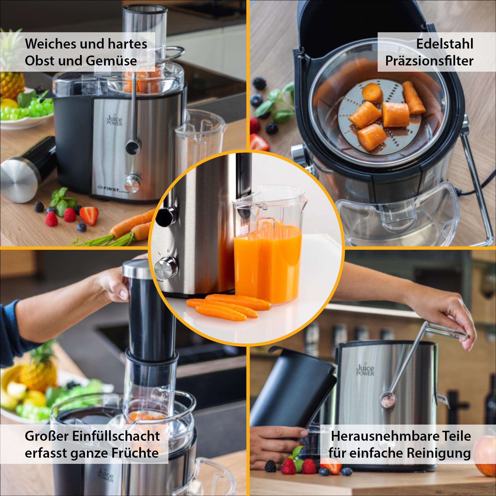TZS First Austria Entsafter | 800W | 750ml | XXL-Einfüllschacht | 2 Geschwindigkeitsstufen | Einfache Reinigung | rostfreier Edelstahl Extraktionsfilter | Anti-Rutsch-Füße