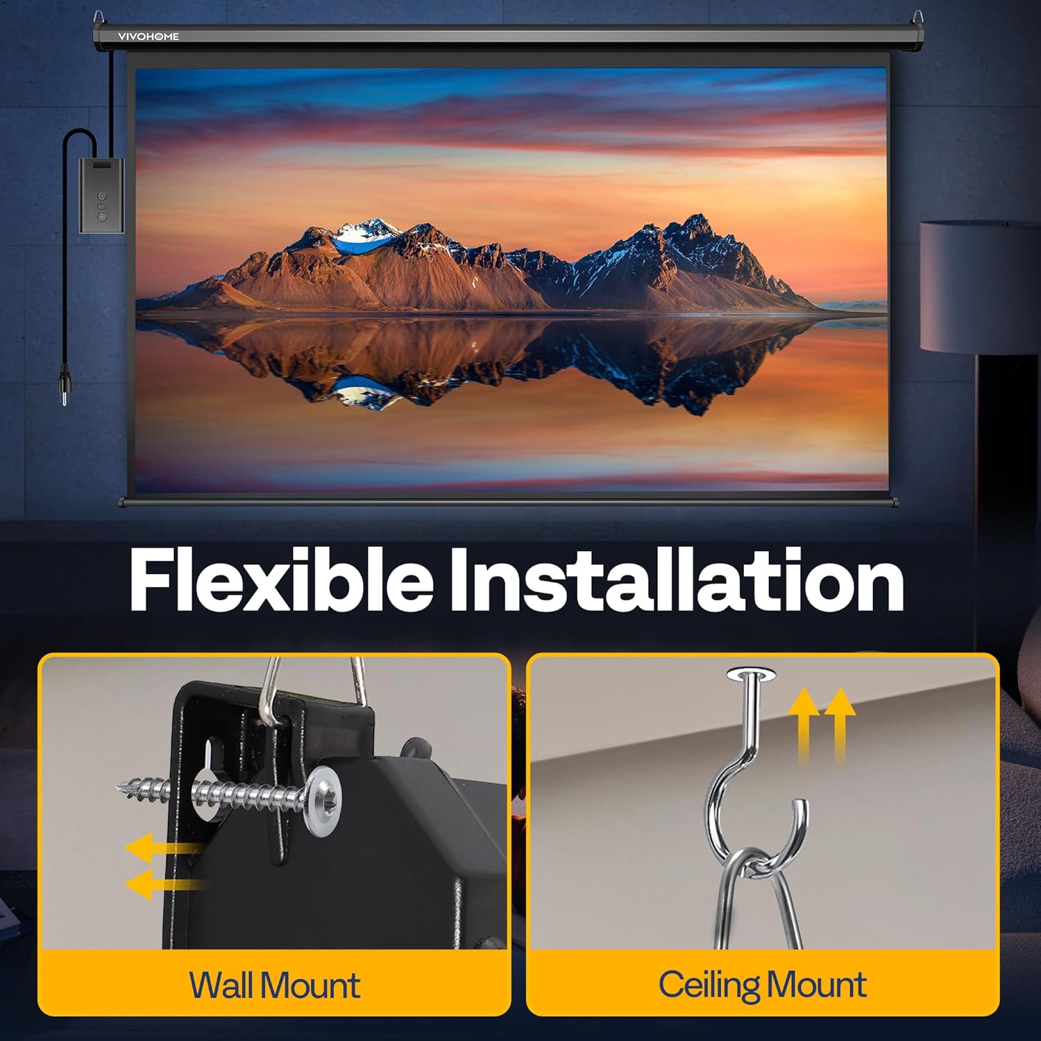 Diagram showing two flexible installation methods: wall mount using screws and ceiling mount using hooks.