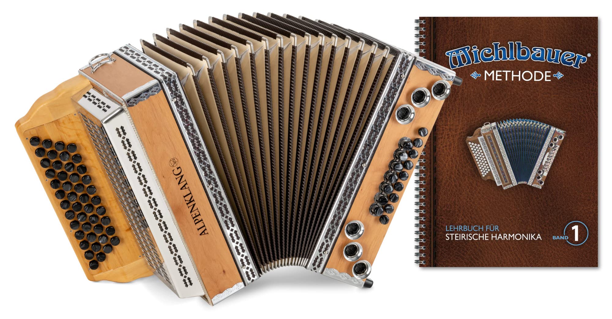 Alpenklang Pro Alpline 34 Eco Harmonika G-C-F-B MB - 46 boutons (4 rangées, 3 voix) - X-Bass découplé et H-Bass - Set incl. manuel Michlbauer avec CD - Hêtre