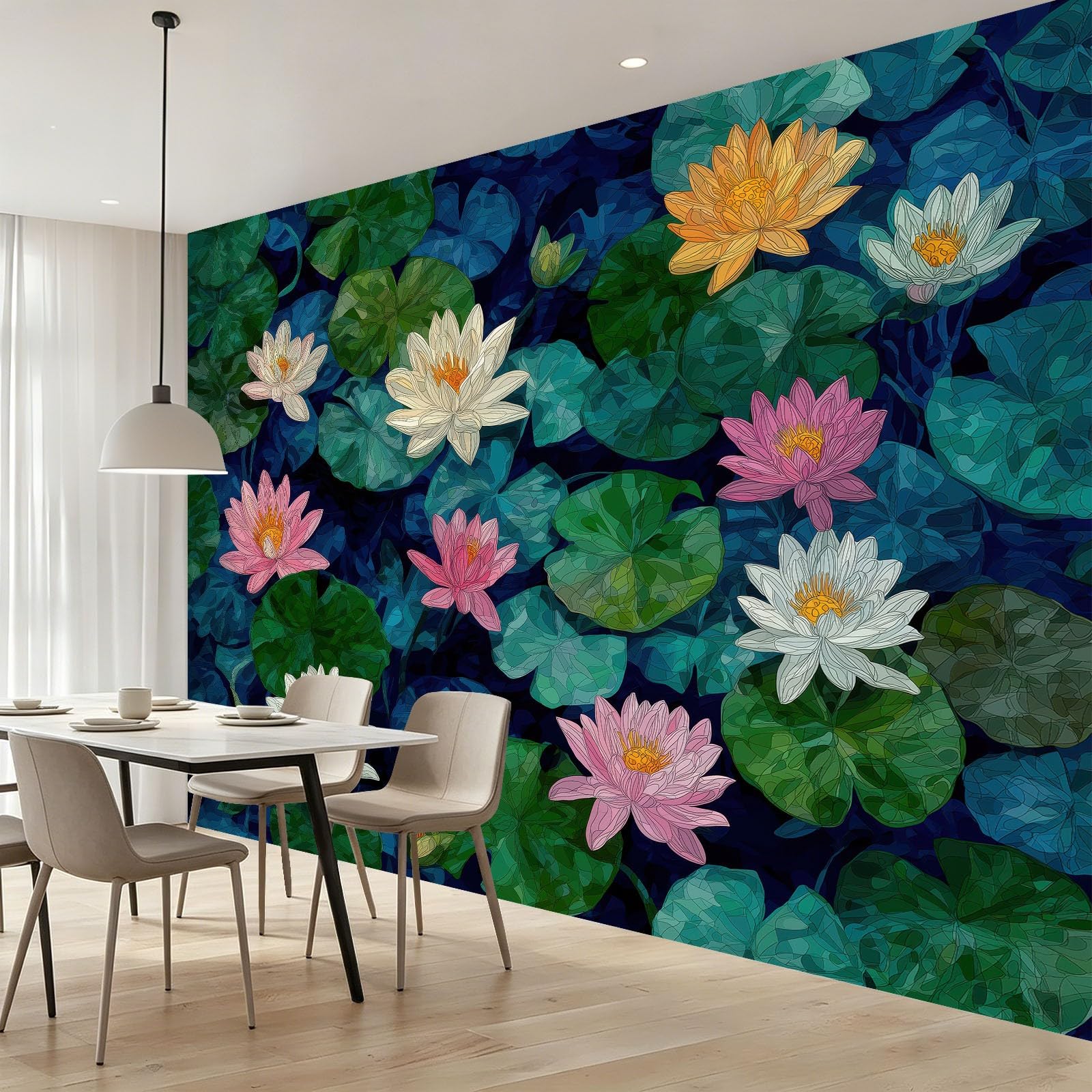 Fototapeta ciemnoniebieska, zielona, tapeta 350 x 256 cm (szer. x wys.), nowoczesna tapeta z włókniny, efekt 3D, dekoracja ścienna, orientalne lilie wodne, staw lotosowy, tapeta ścienna do salonu