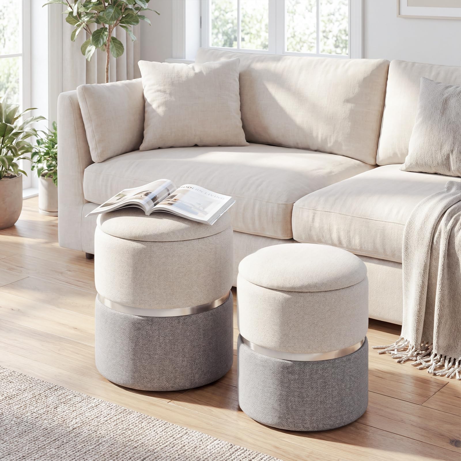 COSTWAY Set di 2 Pouf Contenitore in Velluto, Pouf Rotondi Imbottiti da 32L +21L, Sgabelli con Contenitore per Soggiorno, Camera da Letto, Portata 150 kg (Grigio)