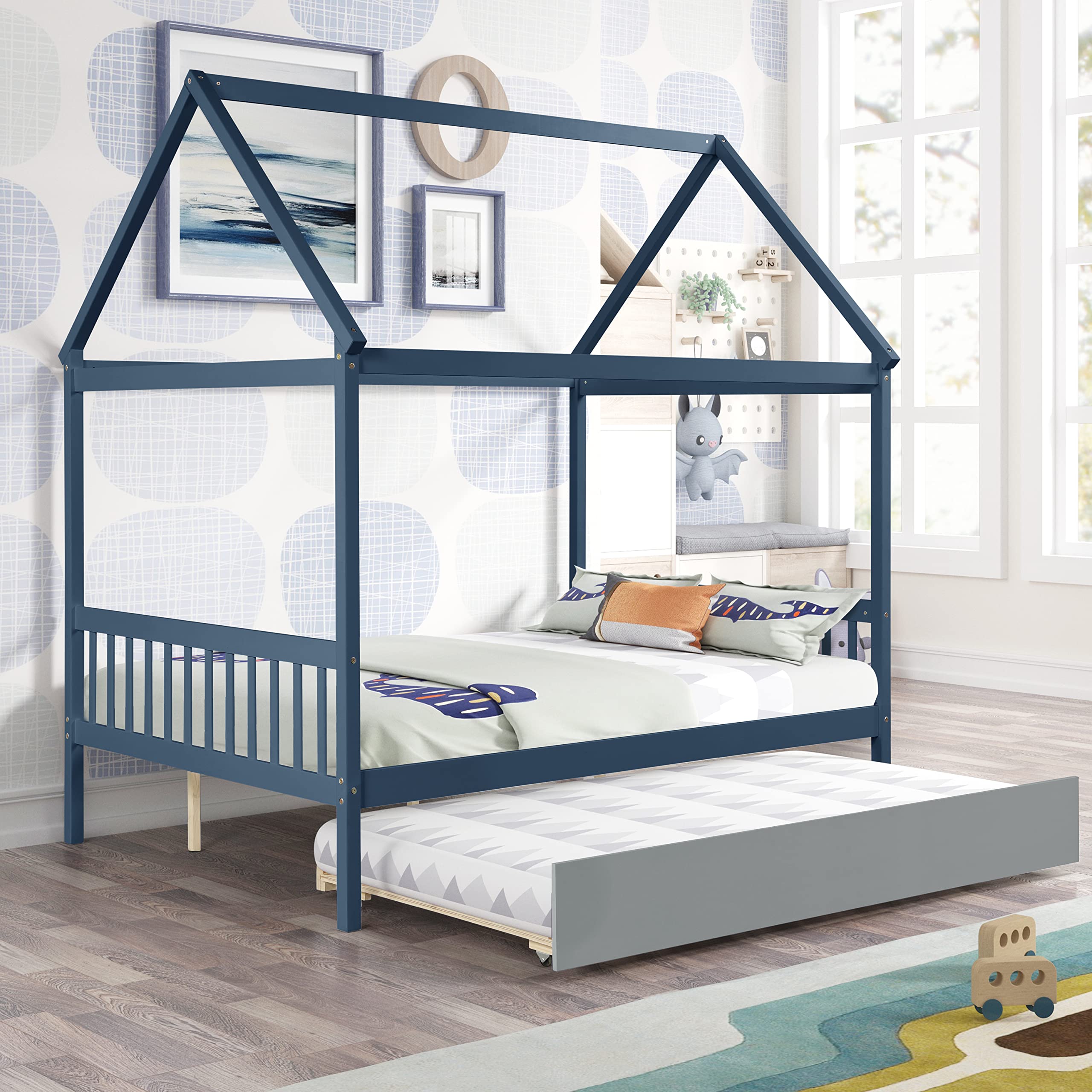 HomSof House Full Bed with Trundle, Blue(Box 1 of 2)