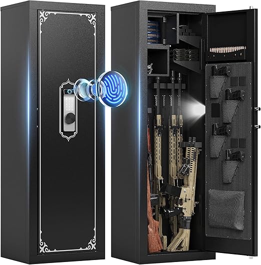 Gun Safe, 10-14 Biometric Gun Safe for Rifles and Pistols, Fingerprint Gun Cabinets for rifles and shotguns, Large Gun Safes for Home, Rifle Safe with Built-in Cabinet and Removable Rifle Rack