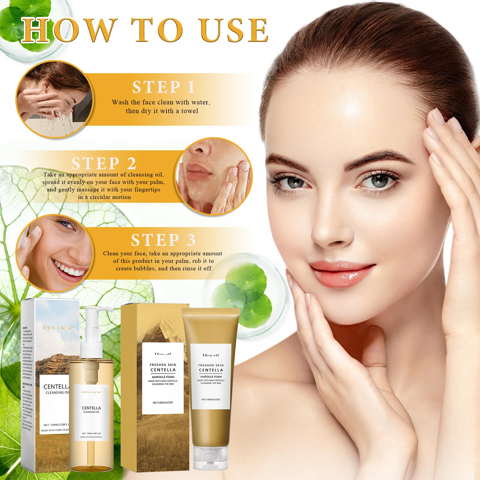 2PCS Centella Cleansing Oil + Centella Facial Cleanser, Centella Asiatica Extract from Madagascar, Centella Cleanser, Korean Facial Cleansing Oil, Suitable for Sensitive Skin — view 3