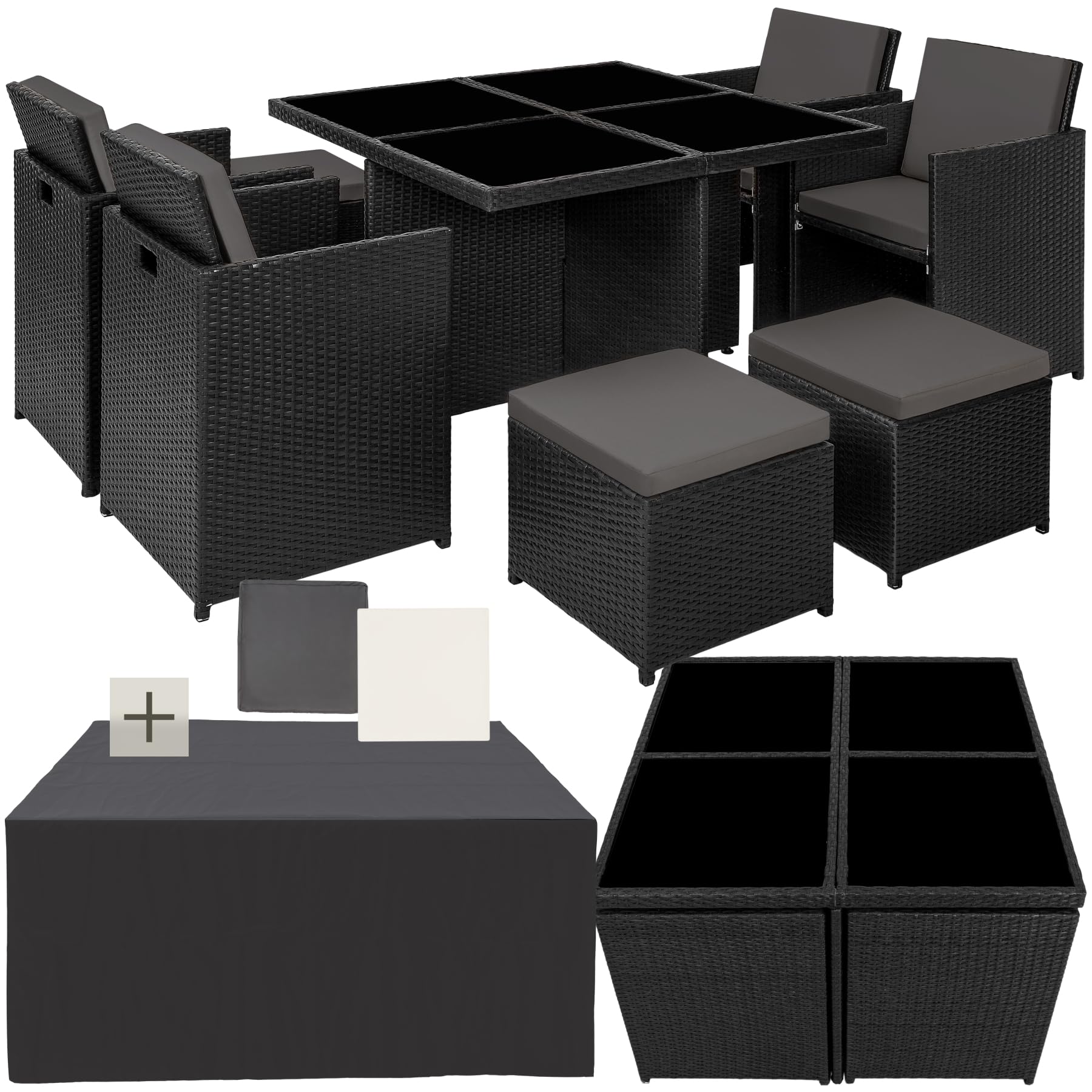Tectake Set Mobili da Giardino Rattan Sintetico Alluminio 4 Sedie Tavolo 4 Sgabelli Involucro Protettivo Nero